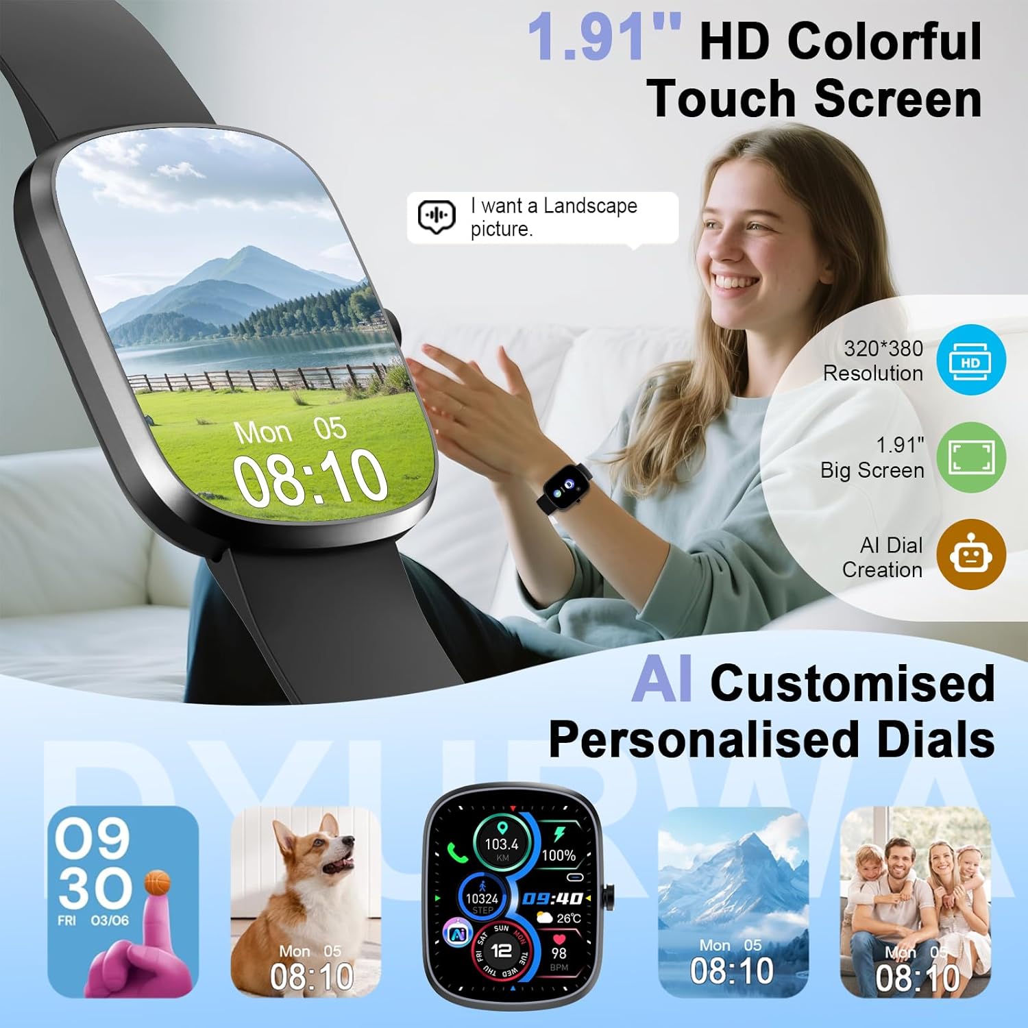 Thumbnail 3 de Montre connectée IA 1,91" étanche IP68 pour homme/femme avec appel Bluetooth, podomètre et ChatGPT