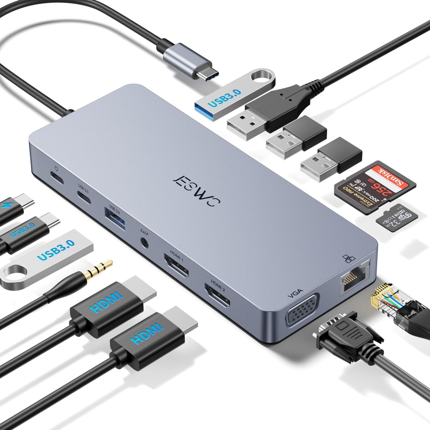 Detalle de JESWO Docking Station Dual Monitor USB‑C Hub 14‑in‑1
