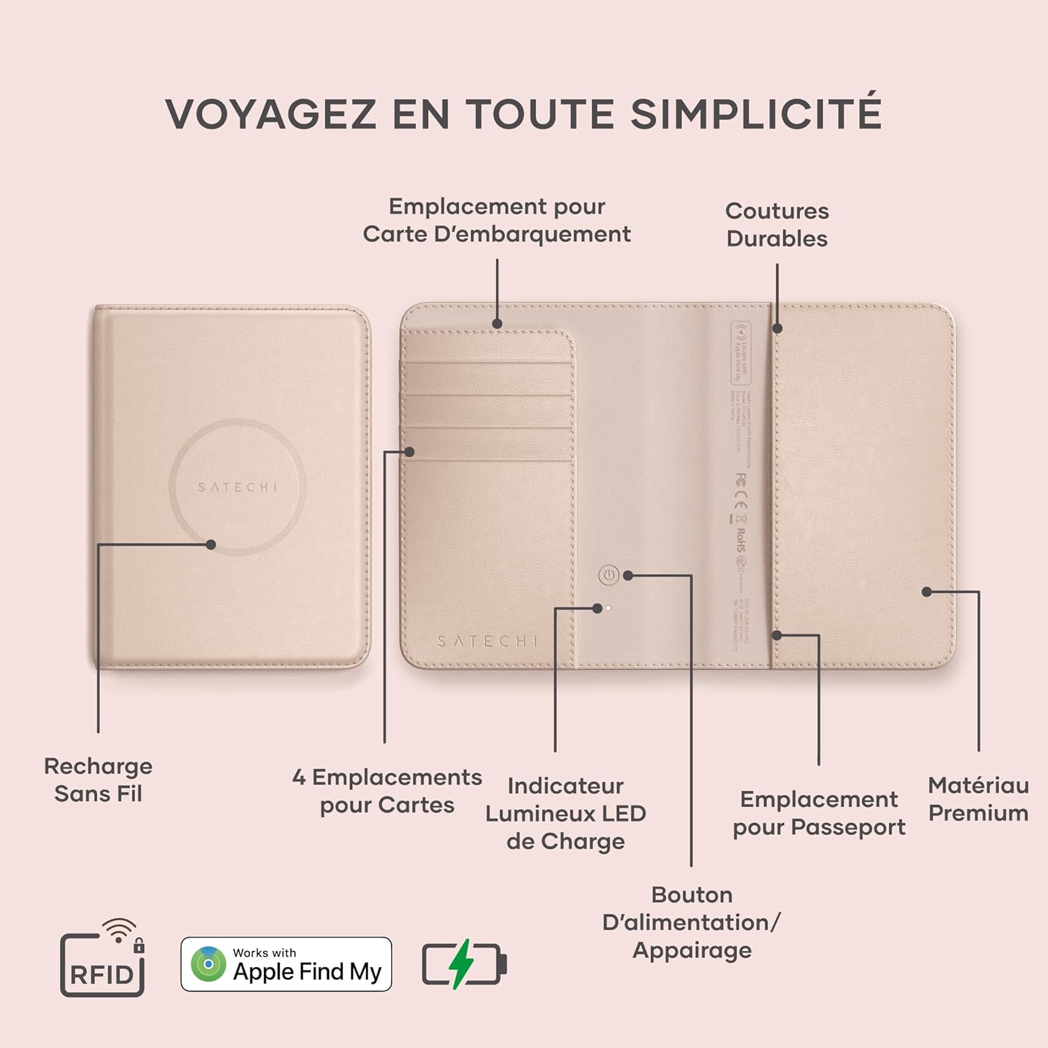 Thumbnail 1 de Satechi protège-passeport avec Apple Find My, recharge sans fil Qi et RFID (4 fentes) – Rose Désert