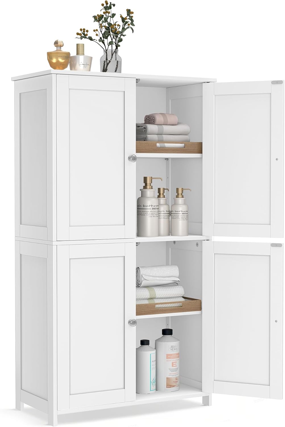 VASAGLE BBC553WH01 — Mobiletto da bagno con 2 vani, ante regolabili e antiribaltamento, bianco Nuvola