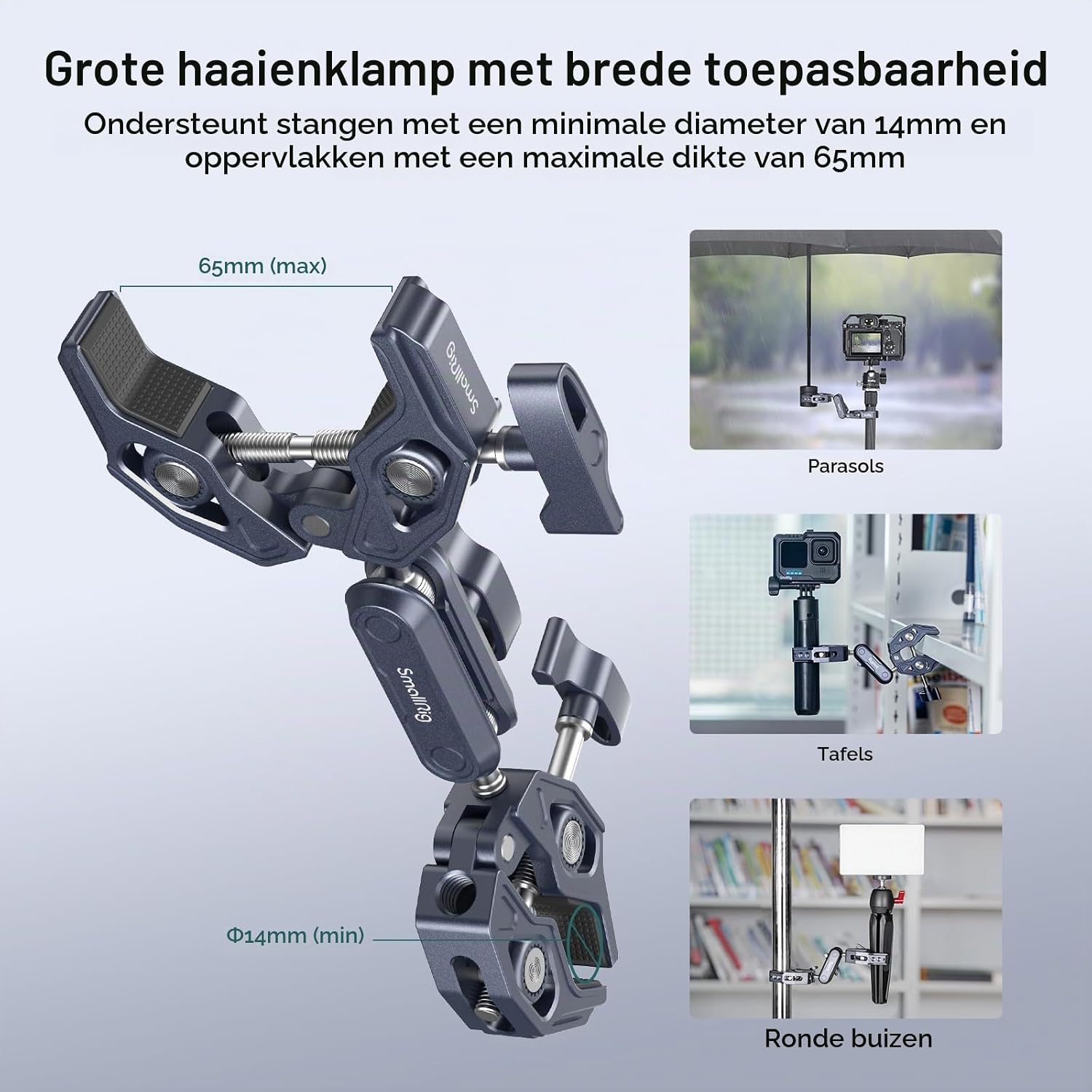 Detalle de SMALLRIG 4103B dubbele superklem met 360°-kogelkoppen en verstelbare klemmen