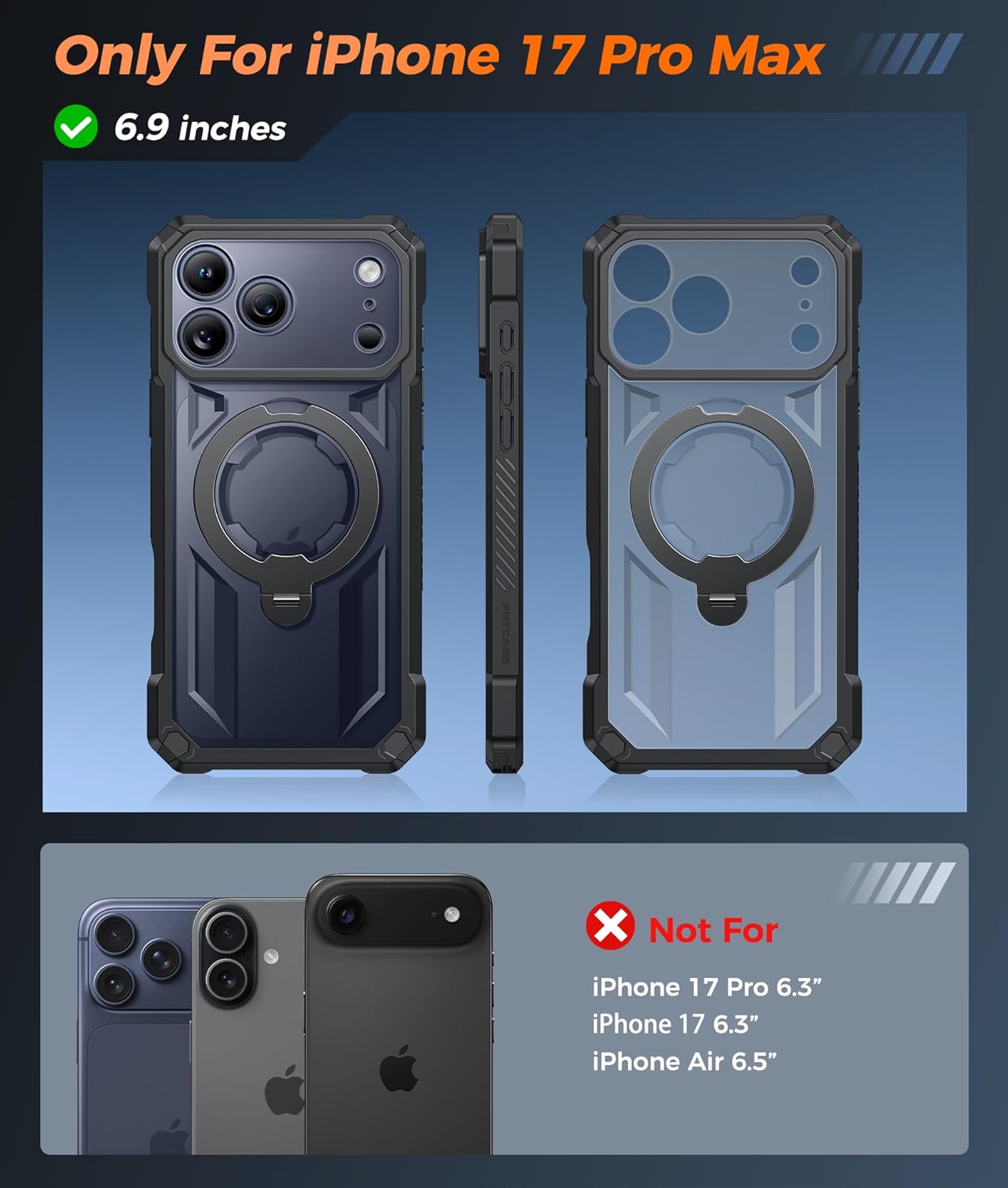 Thumbnail 1 de FNTCASE for iPhone 17 Pro Max Case with MagSafe + 360° Magnetic Kickstand + Tempered Glass Screen Protector (Black)