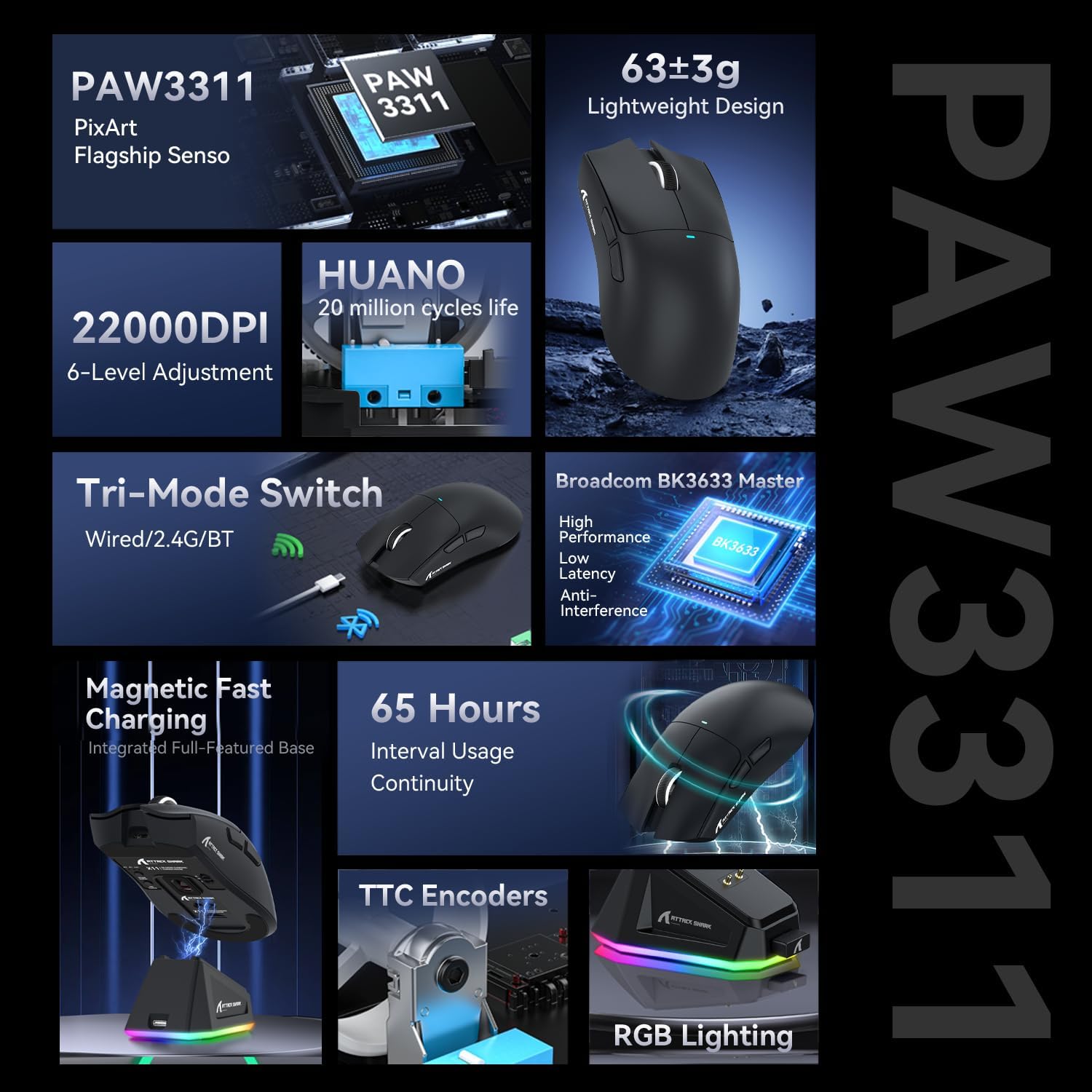 Detalle de ATTACK SHARK X11 Gaming-Maus mit magnetischer Ladestation, 22.000 DPI PixArt PAW3311 & 3 Modi (BT/2.4G/USB-C)