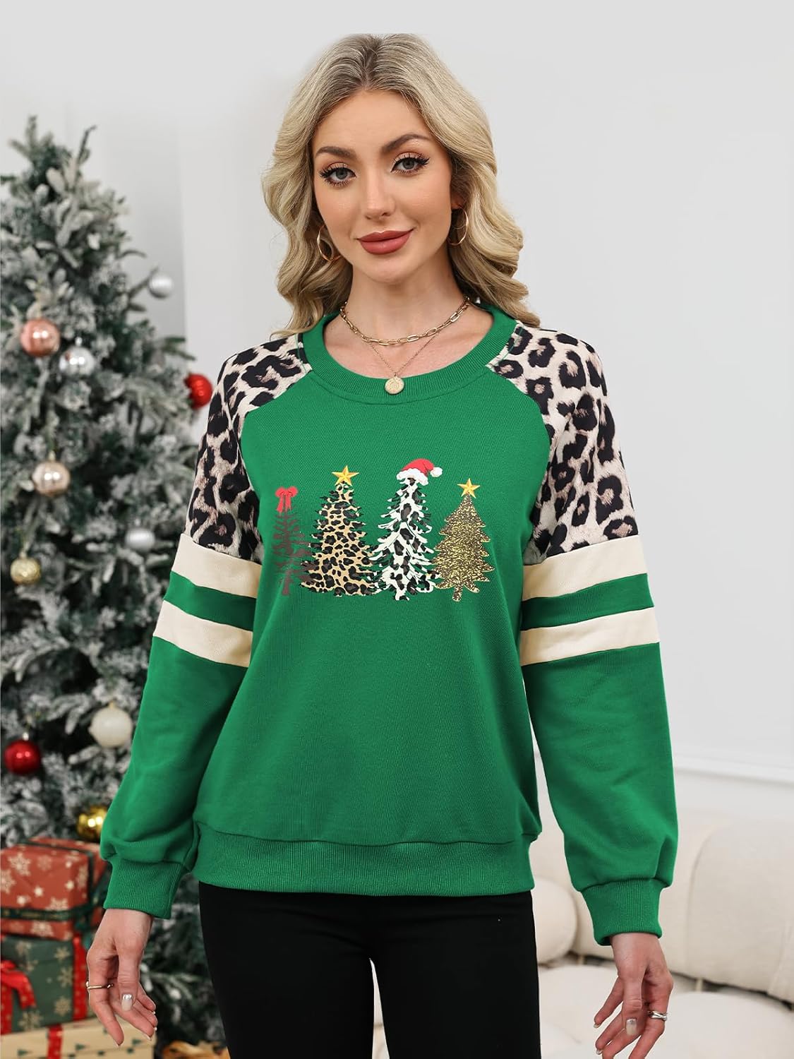 Detalle de Quatrefox Damen Baumwoll-Sweatshirt Leopard Farbblock Langarm Rundhals