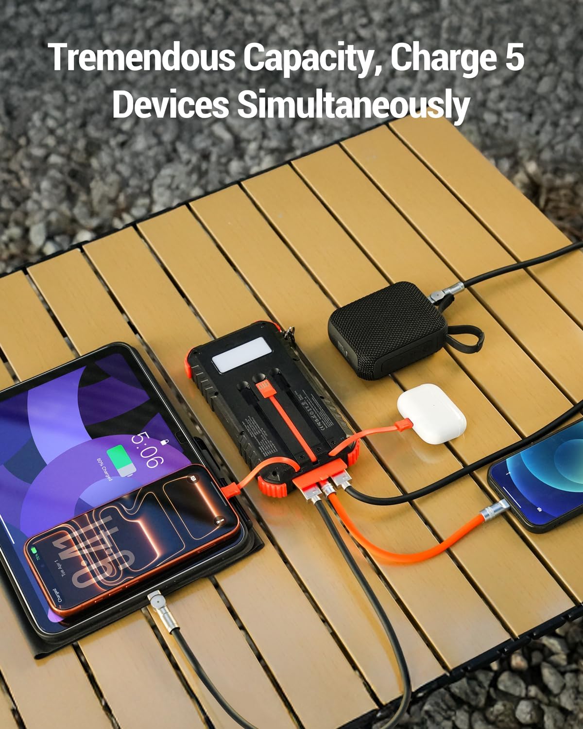 Detalle de Uukto Solar Charger Power Bank, 20000mAh with Built-In Cables and Camping Lights