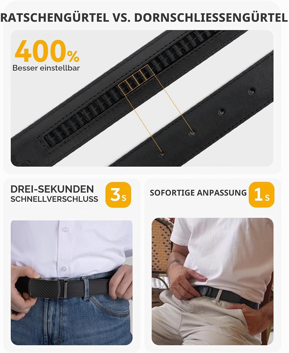 Detalle de CHAOREN Herren Automatik-Gürtel Buckley (Ratsche, 35 mm) – lederner Schiebegurt ohne Löcher