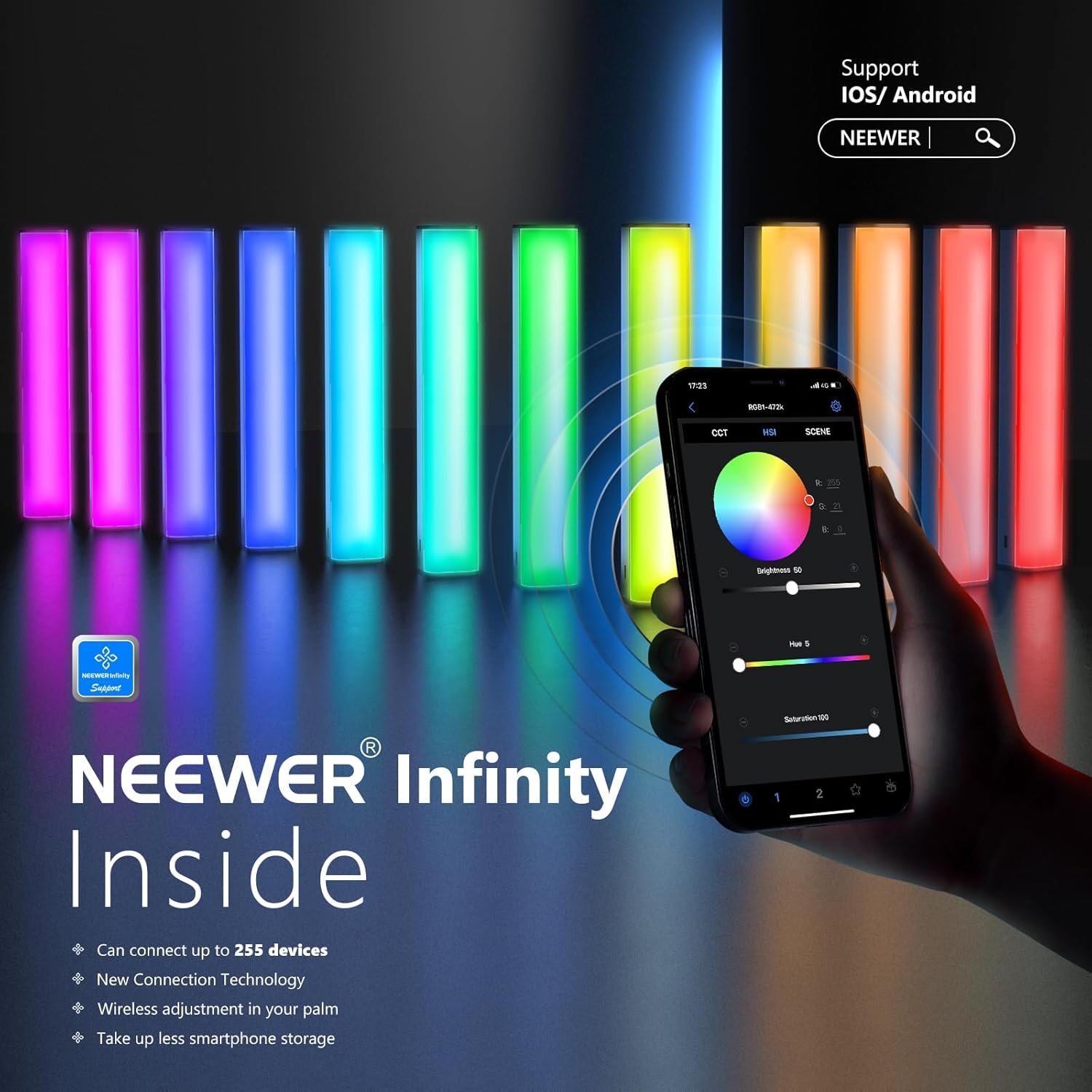 Detalle de NEEWER RGB LED Video Light Stick (RGB1) with Touch Bar, APP Control and Magnetic Mount