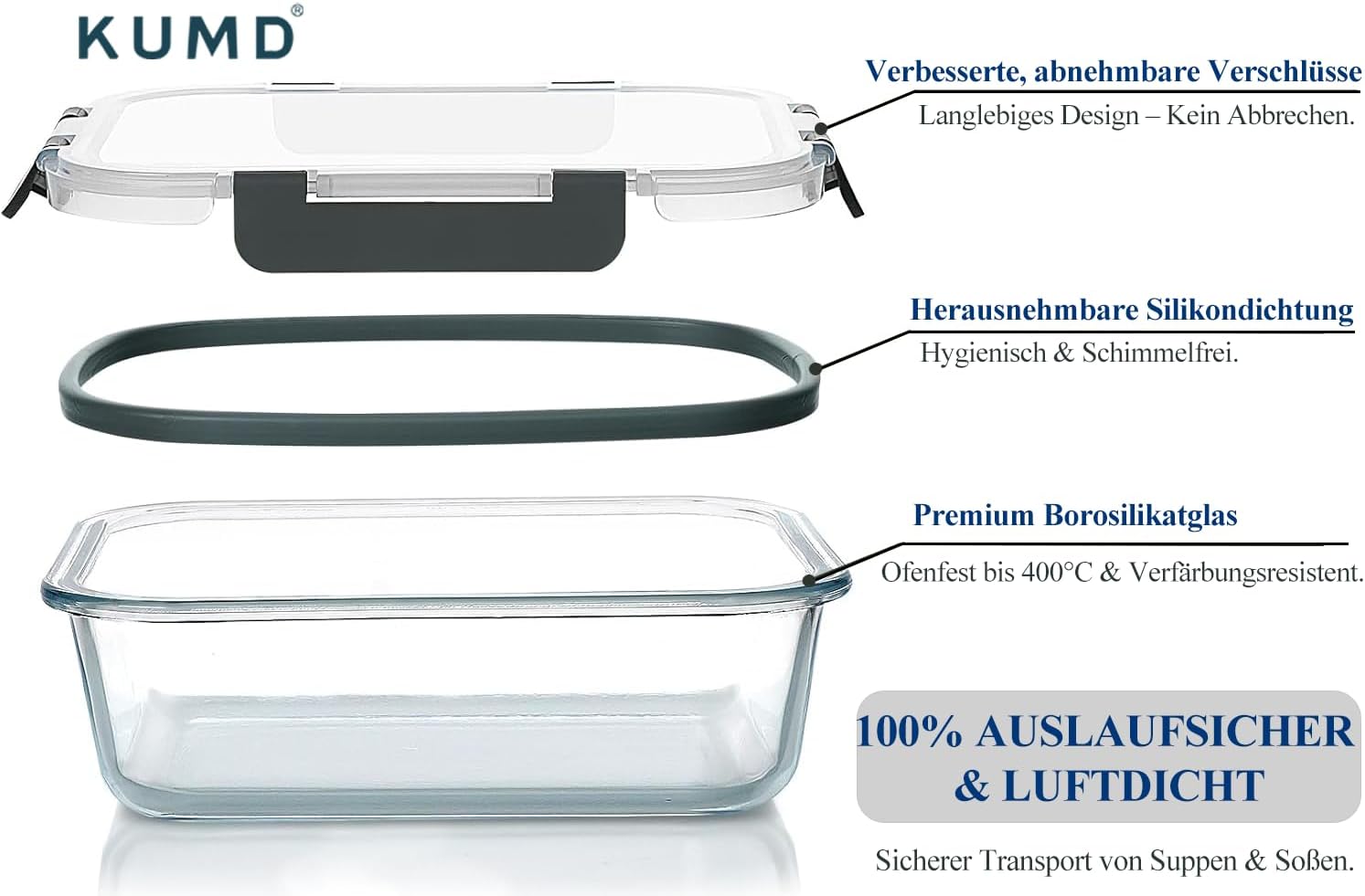 Thumbnail 3 de KUMD Vorratsdosen aus Borosilikatglas im 5er-Set (10-teilig) mit Deckeln, 1.040 ml – für Mikrowelle, Ofen & Meal Prep