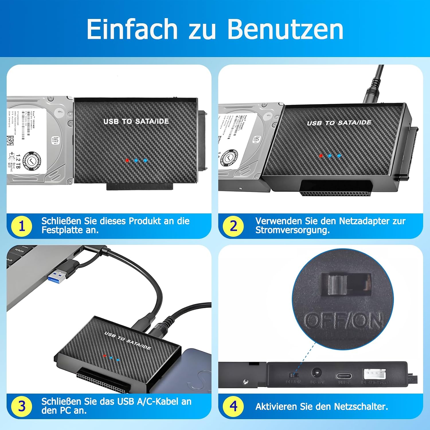 Detalle de Amtake USB 3.0 zu IDE/SATA Festplatten-Adapter (2,5"/3,5") mit Netzteil 12V 2A