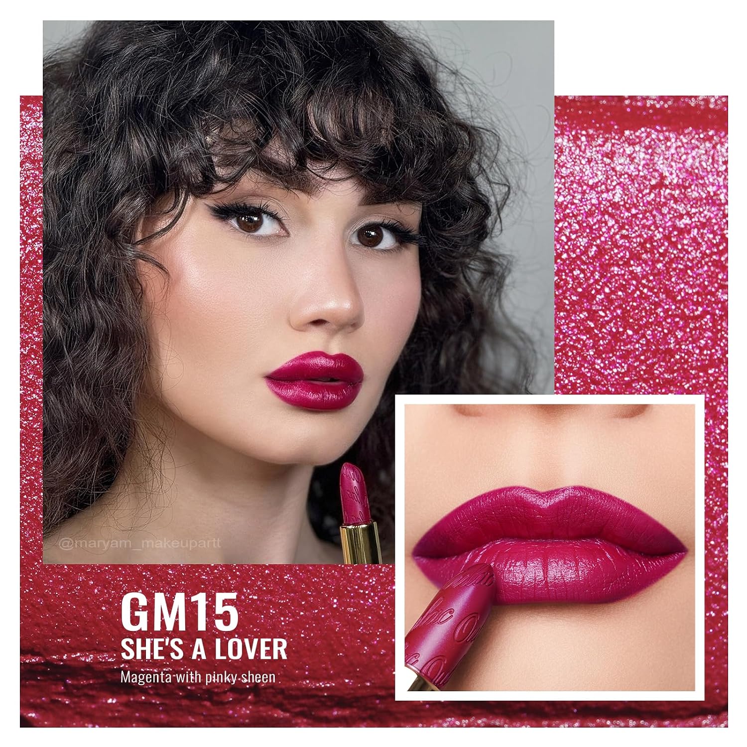 Thumbnail 1 de OULAC Lippenstift Metallic Glanz Finish – Magenta-Rosa „She’s A Lover“, veganer Lippenstift mit Glitzer-Perlglanz (4,3 g)