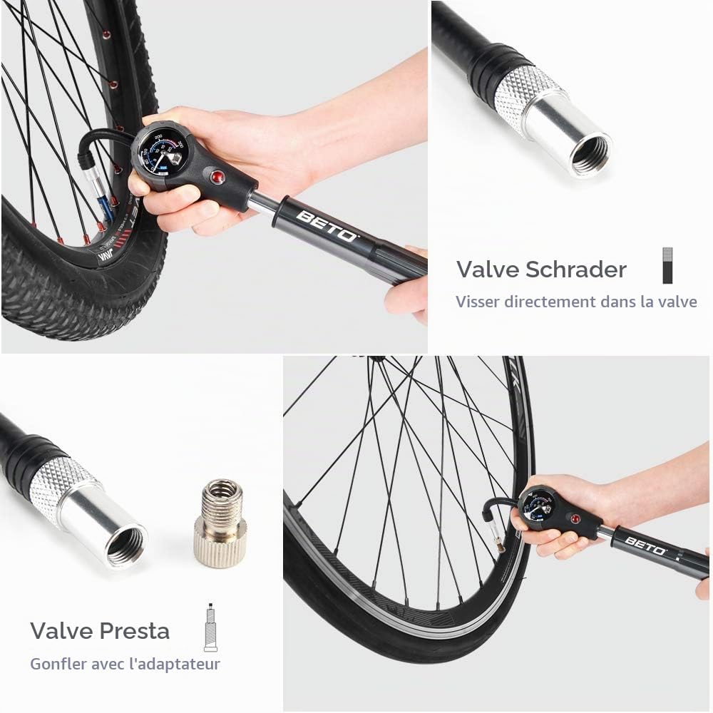 Detalle 1 de Beto MTB-schokpomp 300 psi met dubbele functie en manometer