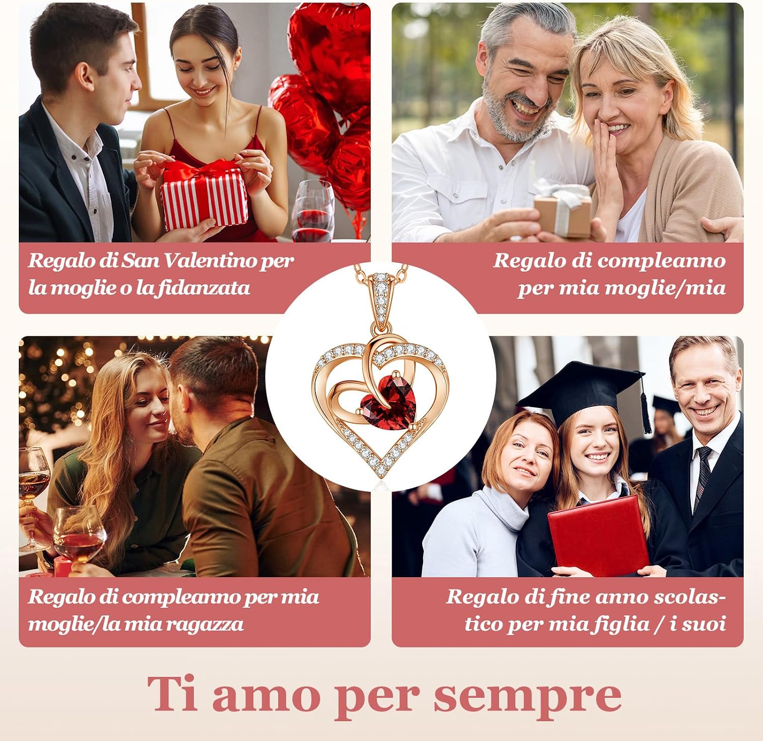 Detalle de Collana Donna Cuore Regalo Gioielli con Pietra di Nascita – Argento 925, Zirconi 5A