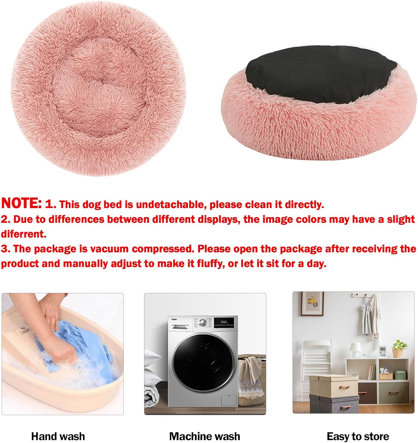 Detalle 2 de Nepfaivy Calming Dog Cat Donut Bed - 15.75in Pink, Soft Plush Round Nest for Small Pets
