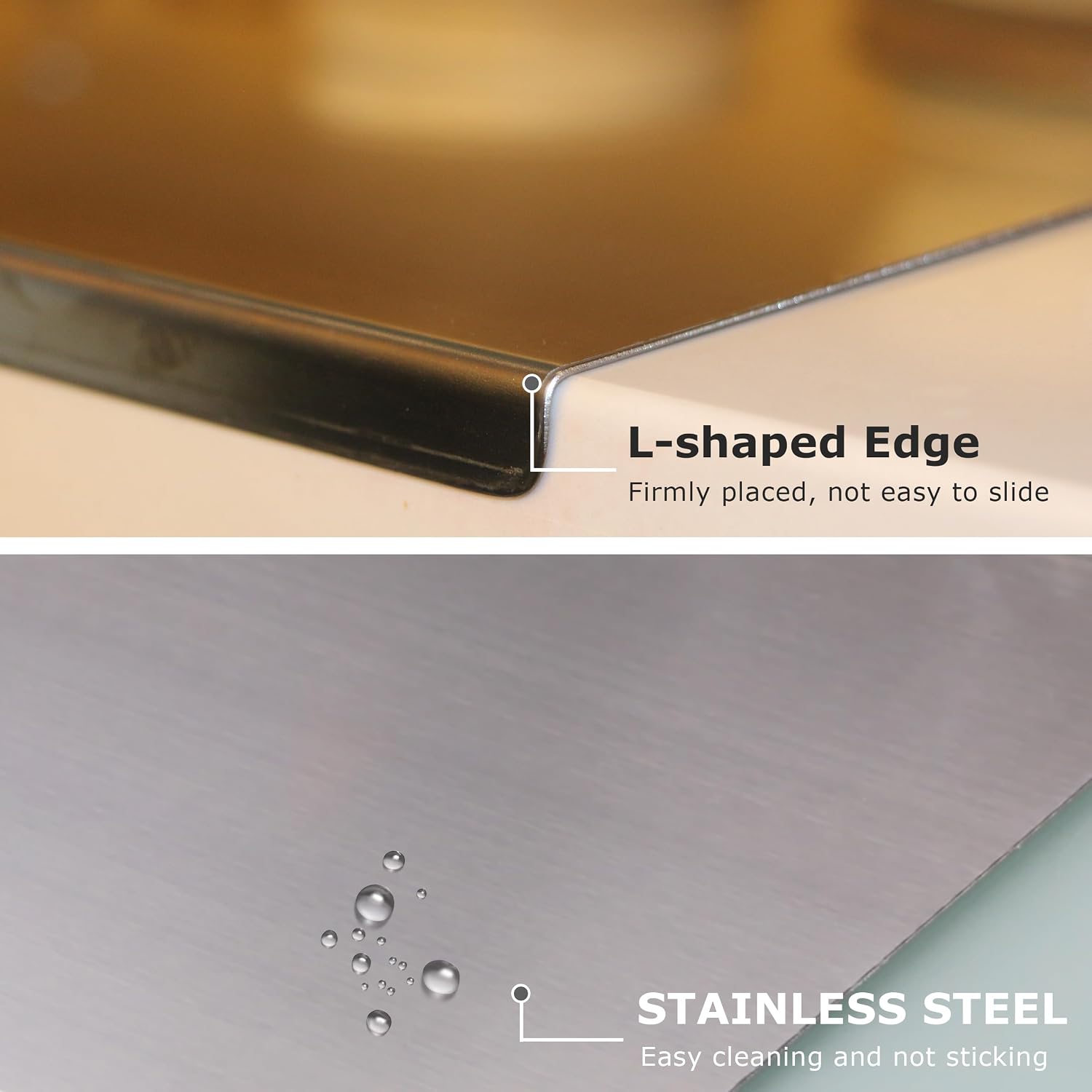 Detalle de Stainless Steel Cutting Board for Kitchen (40 x 30 cm) – L-Shaped, Dishwasher Safe