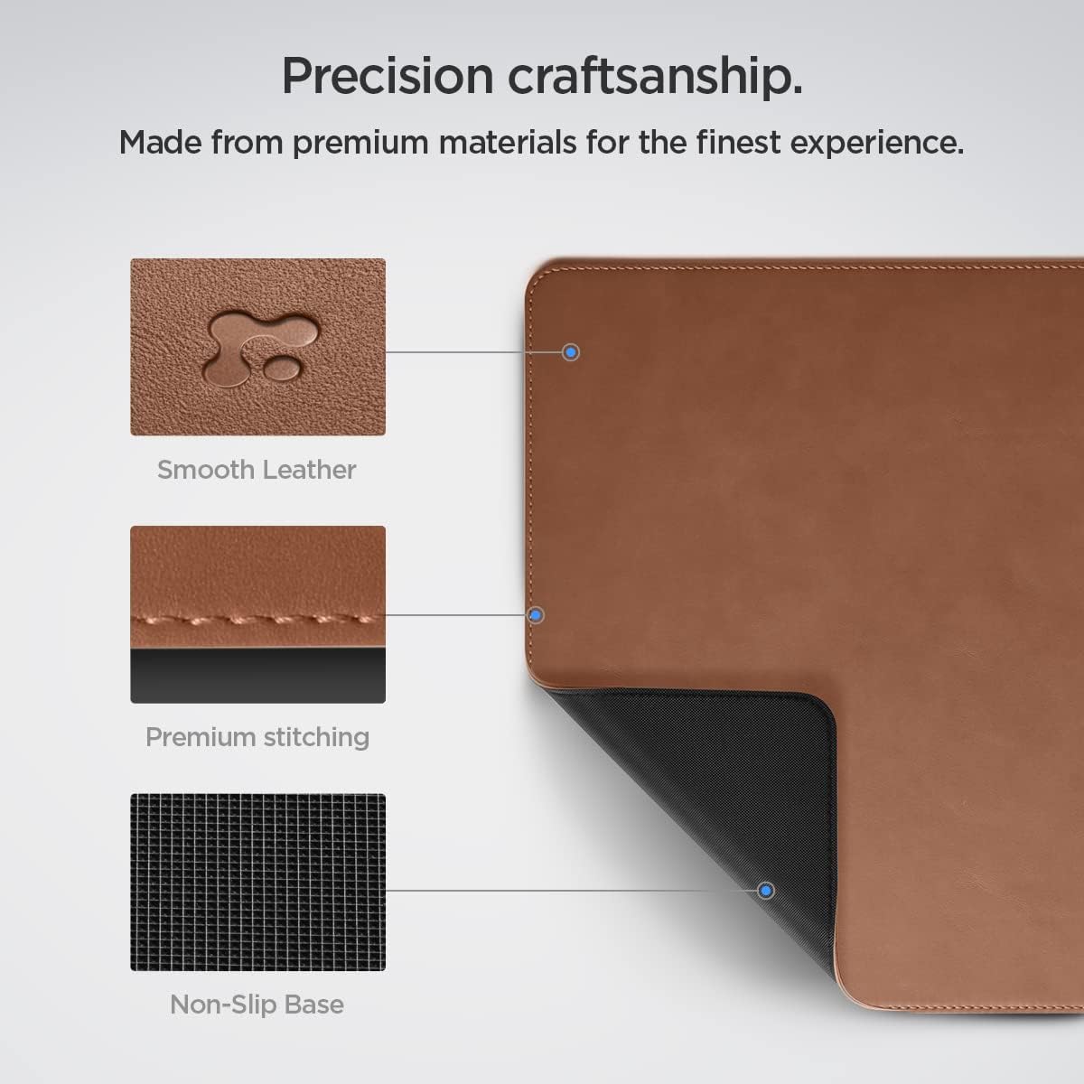 Detalle de Spigen tapis de bureau XXL en cuir PU vegan avec base antidérapante et tapis de souris imperméable, marron