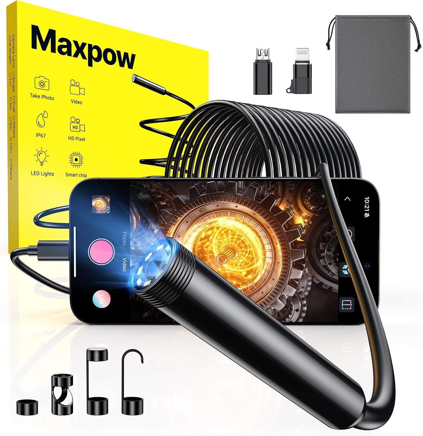 Thumbnail 6 de Maxpow Endoscopio per Smartphone – Telecamera Endoscopica 1920HD IP67, Sonda 5 m con 8 LED, Compatibile Android e iOS