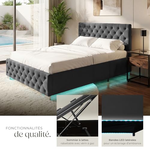 Thumbnail 4 de tectake Lit capitonné 140x200 avec sommier, coffre et éclairage LED – cadre acier époxy, tête de lit design Chesterfield