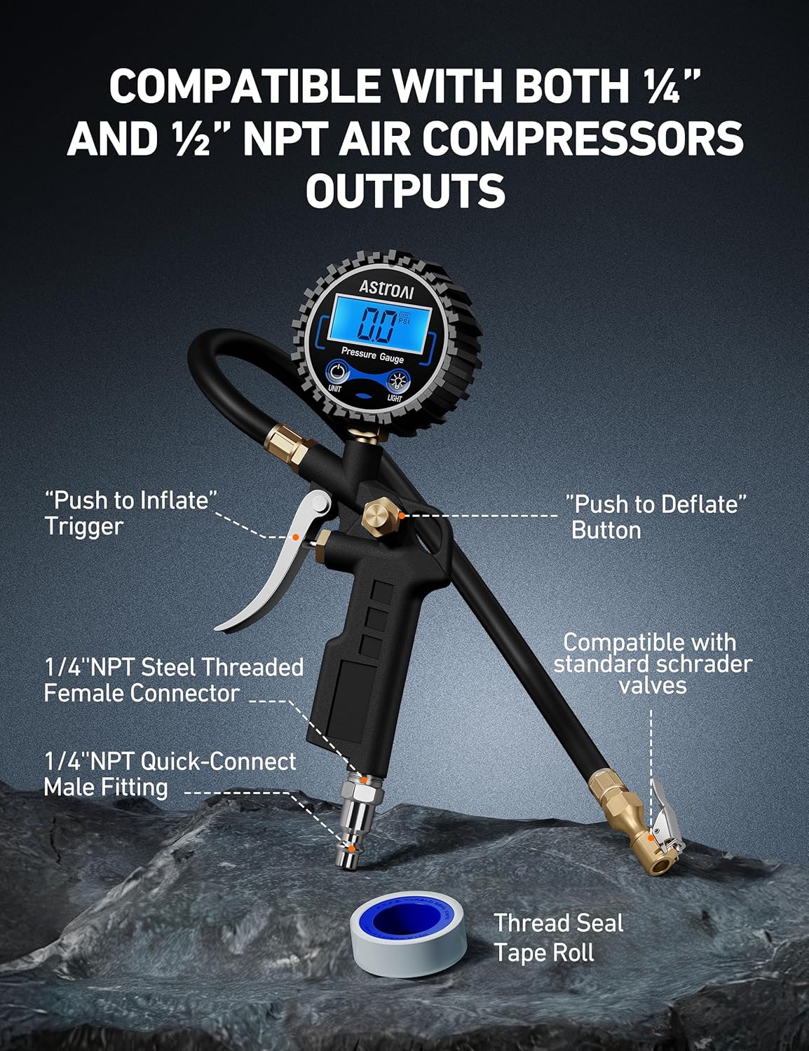 Detalle 2 de AstroAI Digital Tire Pressure Gauge 3-250 PSI 📏
