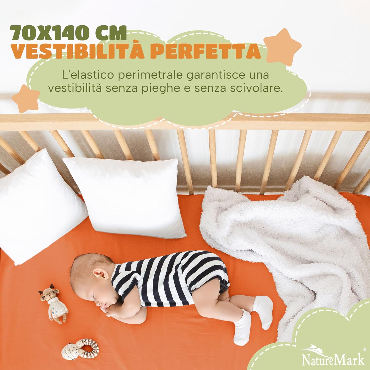 Detalle de NatureMark Lenzuolo con angoli elasticizzati per bambini 70x140 cm – set da 2 in jersey di cotone terracotta