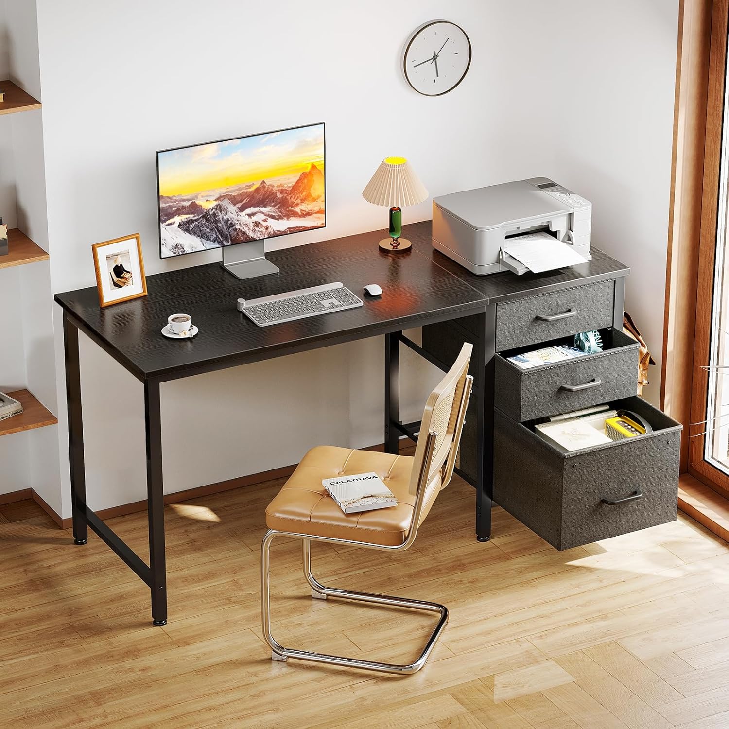 Thumbnail 5 de Coleshome Scrivania reversibile con 3 cassetti in tessuto 120x48 cm per piccolo ufficio in casa, nero