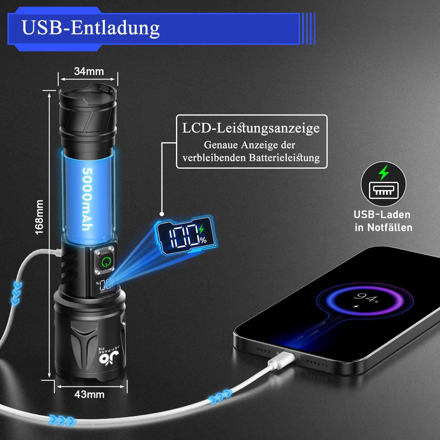 Detalle de JAY-PARK Lampe Torche LED Ultra Puissante 1 000 000 Lumens