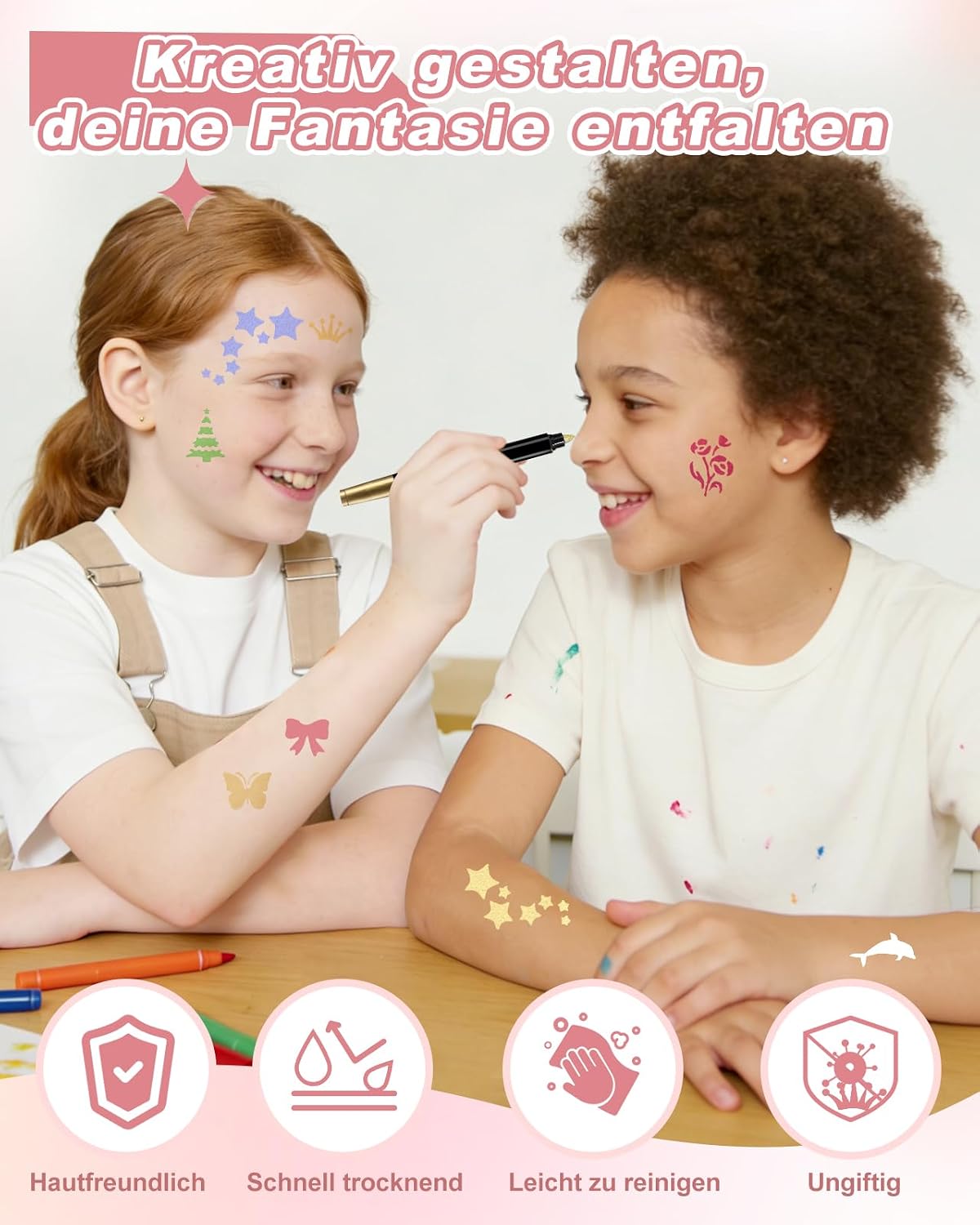 Detalle de Oiomniv Glitzer Tattoo Stifte Kinder (15 Stück) mit Schablonen-Set und 2 temporären Tattoos