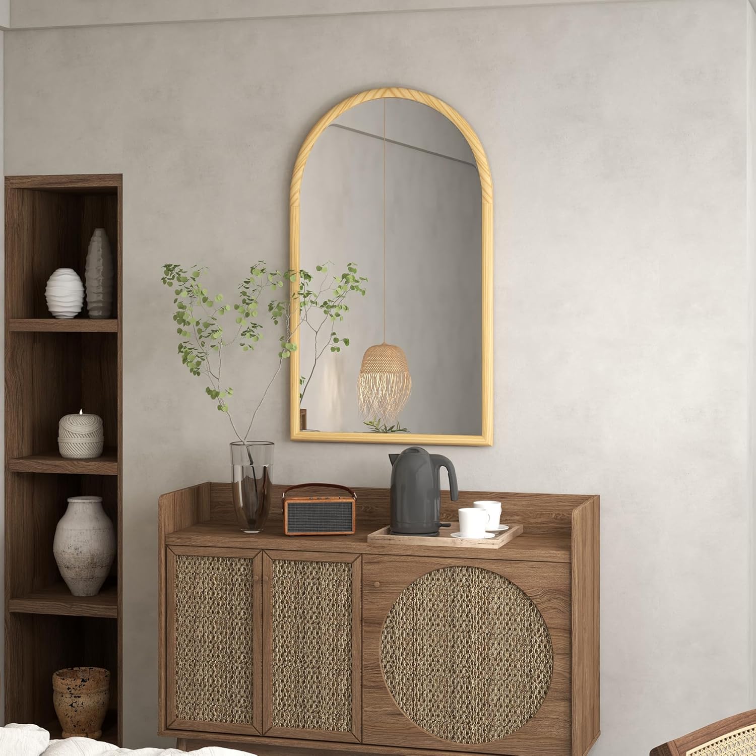 Detalle de HOMCOM Miroir Mural Arche 110 x 65 cm – Cadre en BoisNaturel
