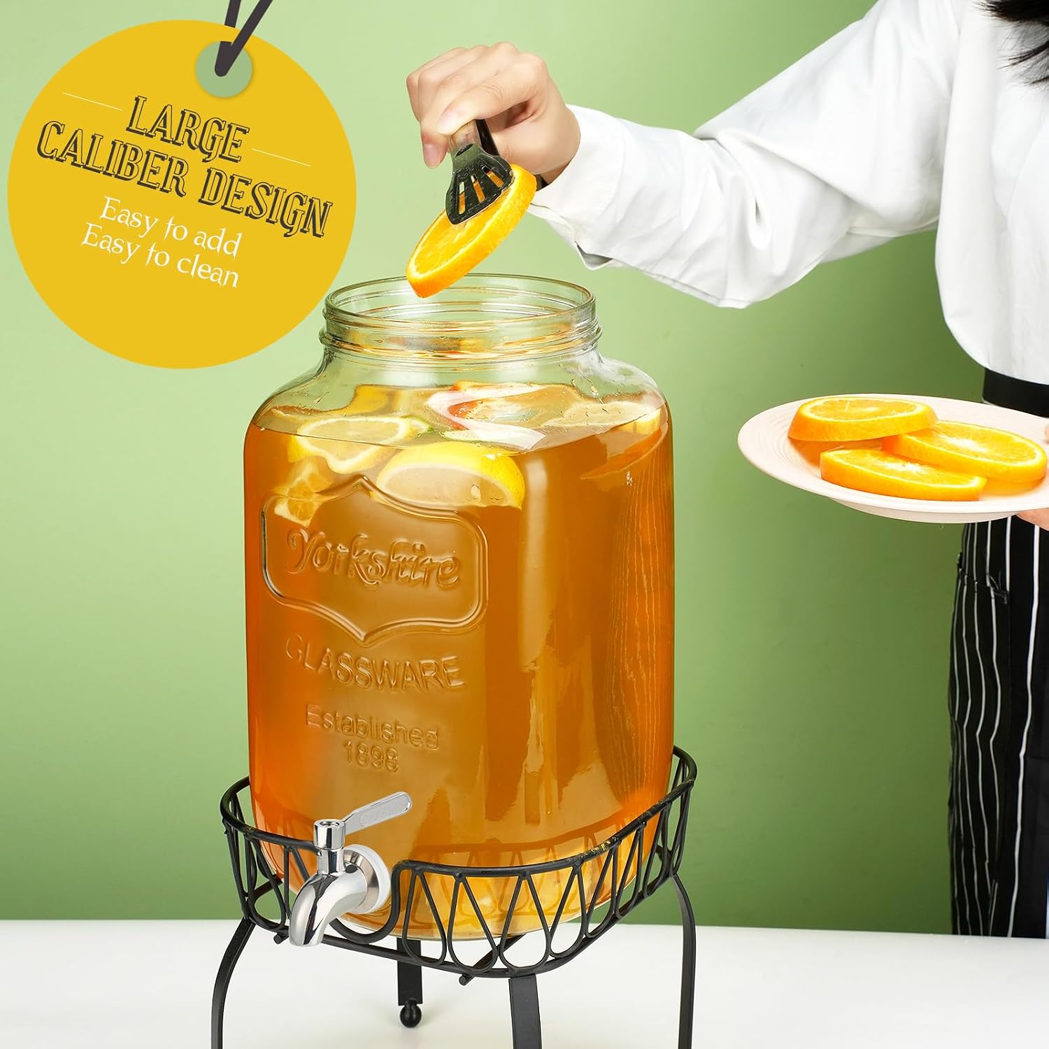 Detalle de JUSJAHLY JUSJAHLY-003 2-Gallon Glass Beverage Dispenser with Stand and Stainless Steel Spigot