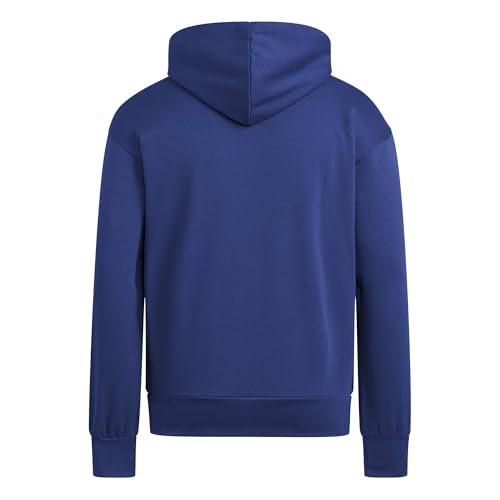 Detalle de adidas Essentials Feelcozy, sudadera de felpa con capucha, azul oscuro y blanco, talla L