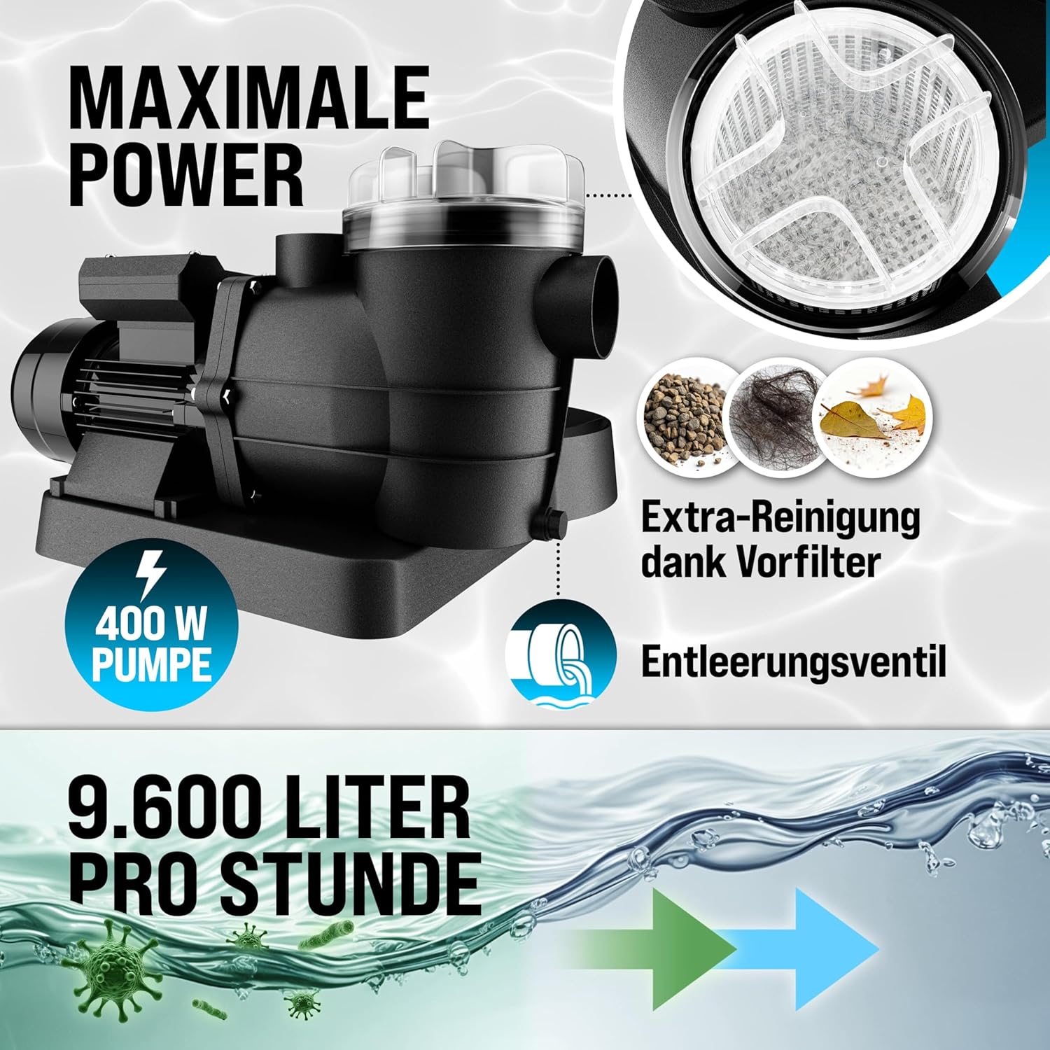 Detalle 2 de MONZANA Sandfilteranlage SF96K 9600 L/h – selbstansaugend, 400 W, 7‑Wege Ventil, für Pools bis 30.000 L