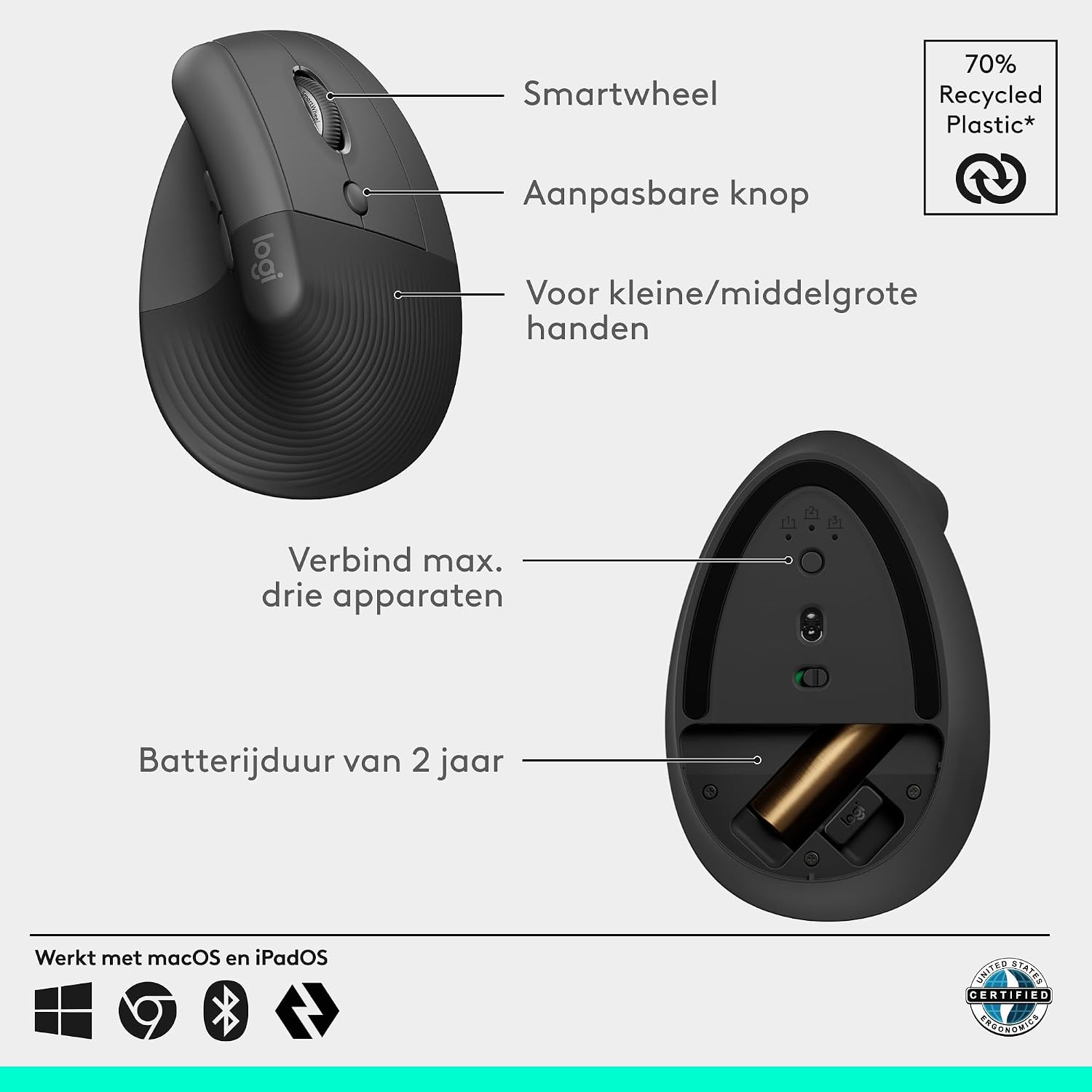 Thumbnail 5 de Logitech Lift 910-006473 verticale muis met Bluetooth en stille klikken
