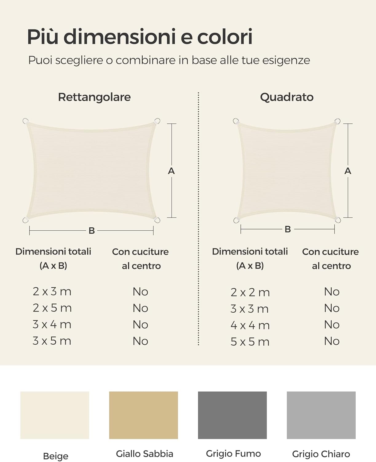 Thumbnail 6 de SONGMICS Vela Ombra Quadrata 2 x 2 m Beige GSS22IV – tessuto HDPE 180 g/m²