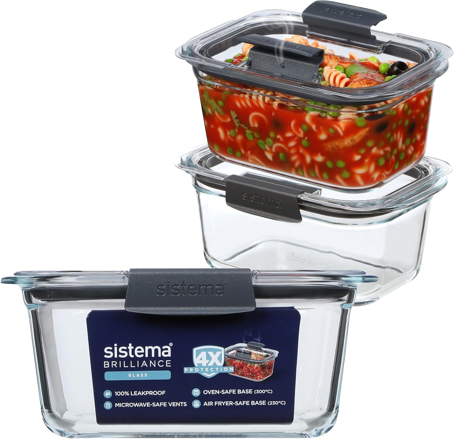 Detalle de Sistema Brilliance 1.1L Glass Meal Prep Containers, 3 Pack, Borosilicate Glass