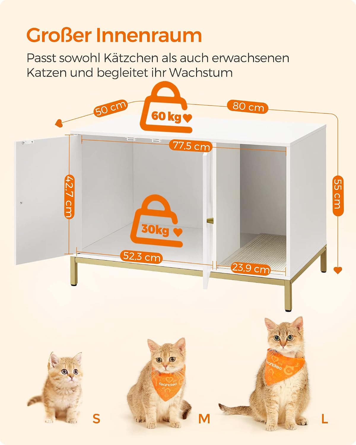 Detalle 2 de Feandrea Katzenklo-Schrank PCL007W01 mit Kratzmatte – Katzenhaus und Versteck für die Katzentoilette (80 x 50 x 55 cm) in Weiß-Gold