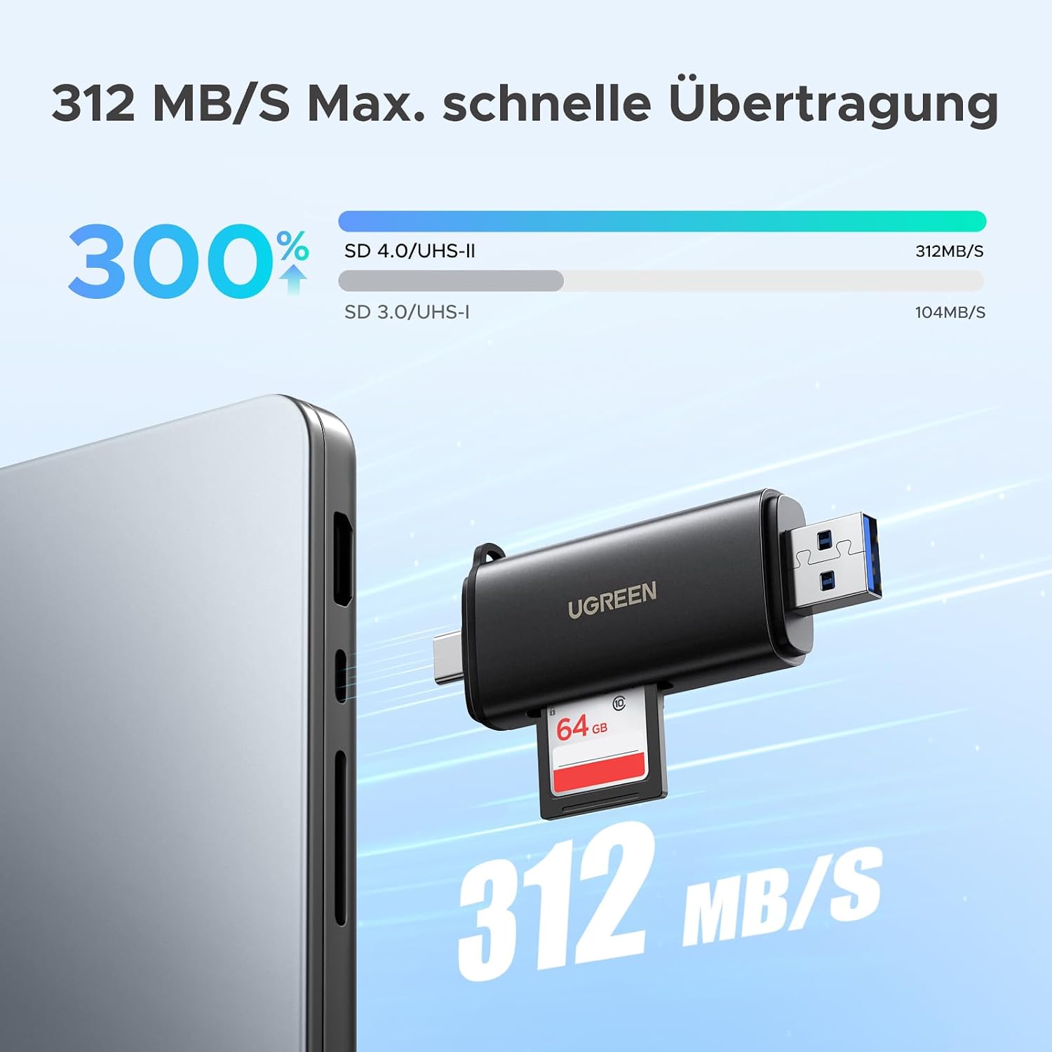 Detalle de UGREEN SD Kartenleser 2-in-1 USB-C/USB-A mit Dual Slot – SD/ Micro SD bis 2 TB, 312 MB/s
