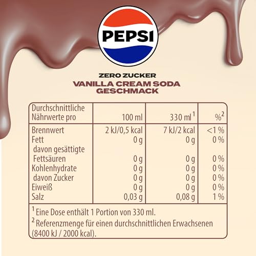Detalle 2 de Pepsi Zero Zucker Vanilla Cream Soda Geschmack – 24 × 0,33l Dose