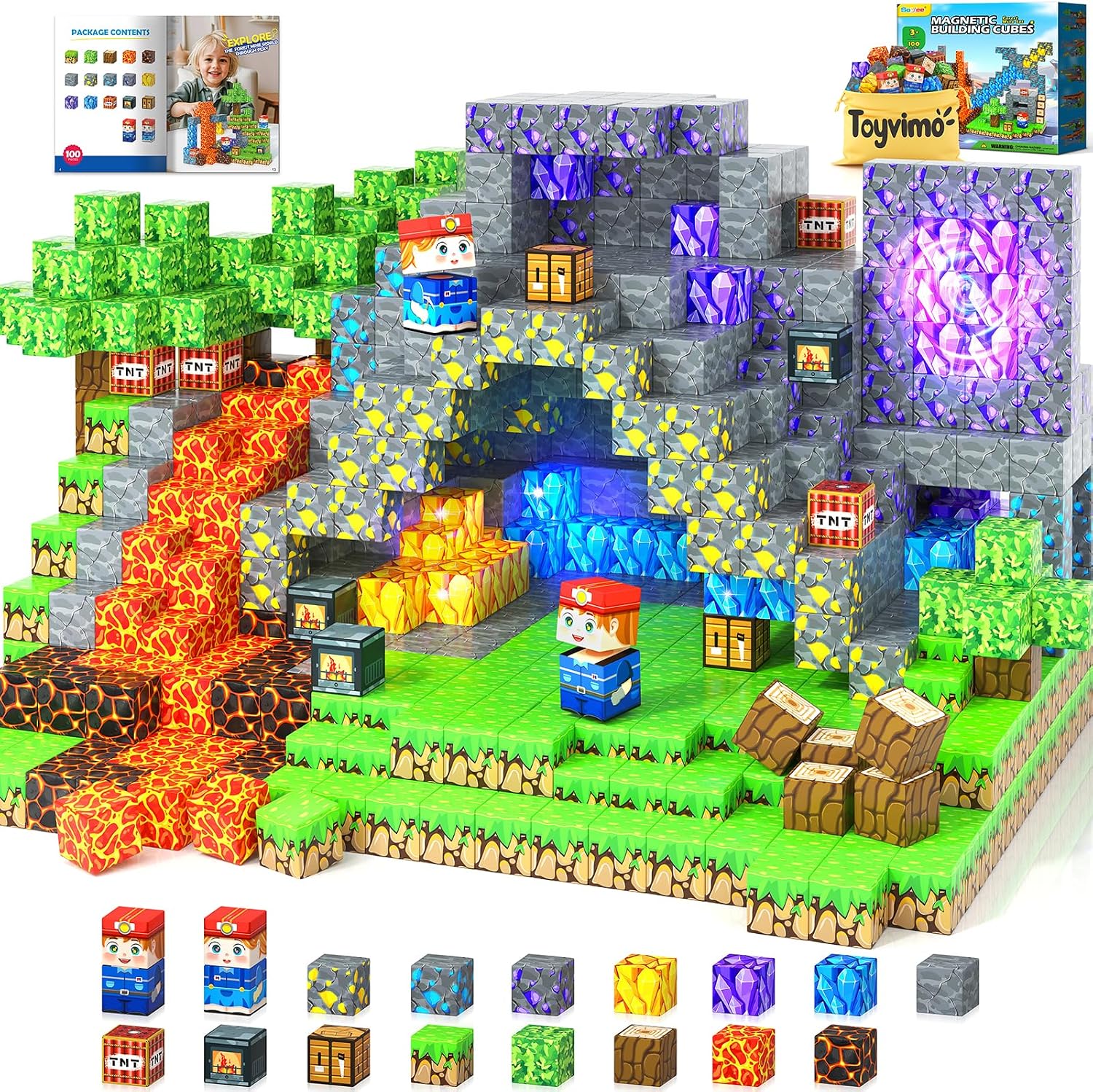 Detalle de Toyvimo Magnetic Blocks 100-Piece Magnetic Building Set (Forest & Mine Theme)