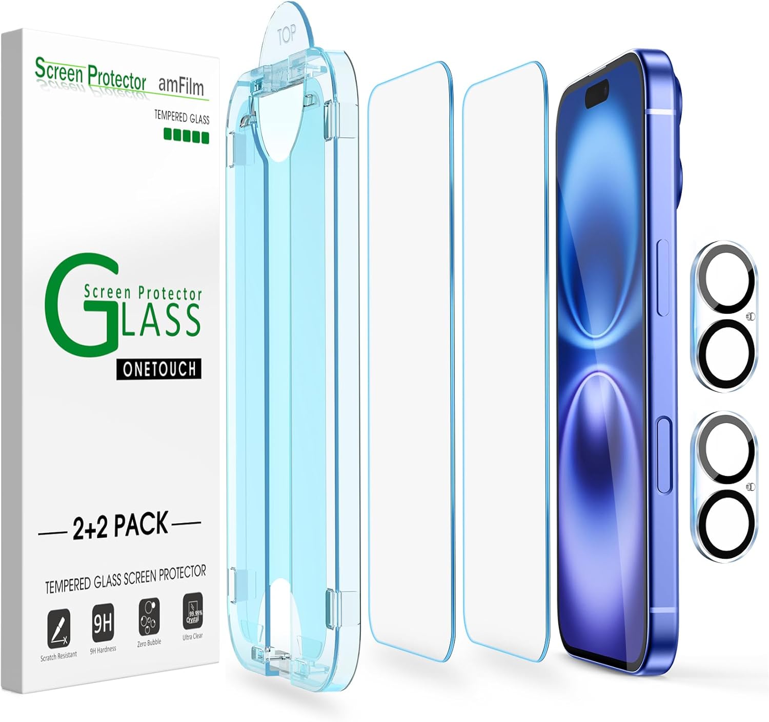 Detalle de amFilm OneTouch 2+2 Pack for iPhone 16 Plus 6.7" Screen Protector & Camera Lens Protector