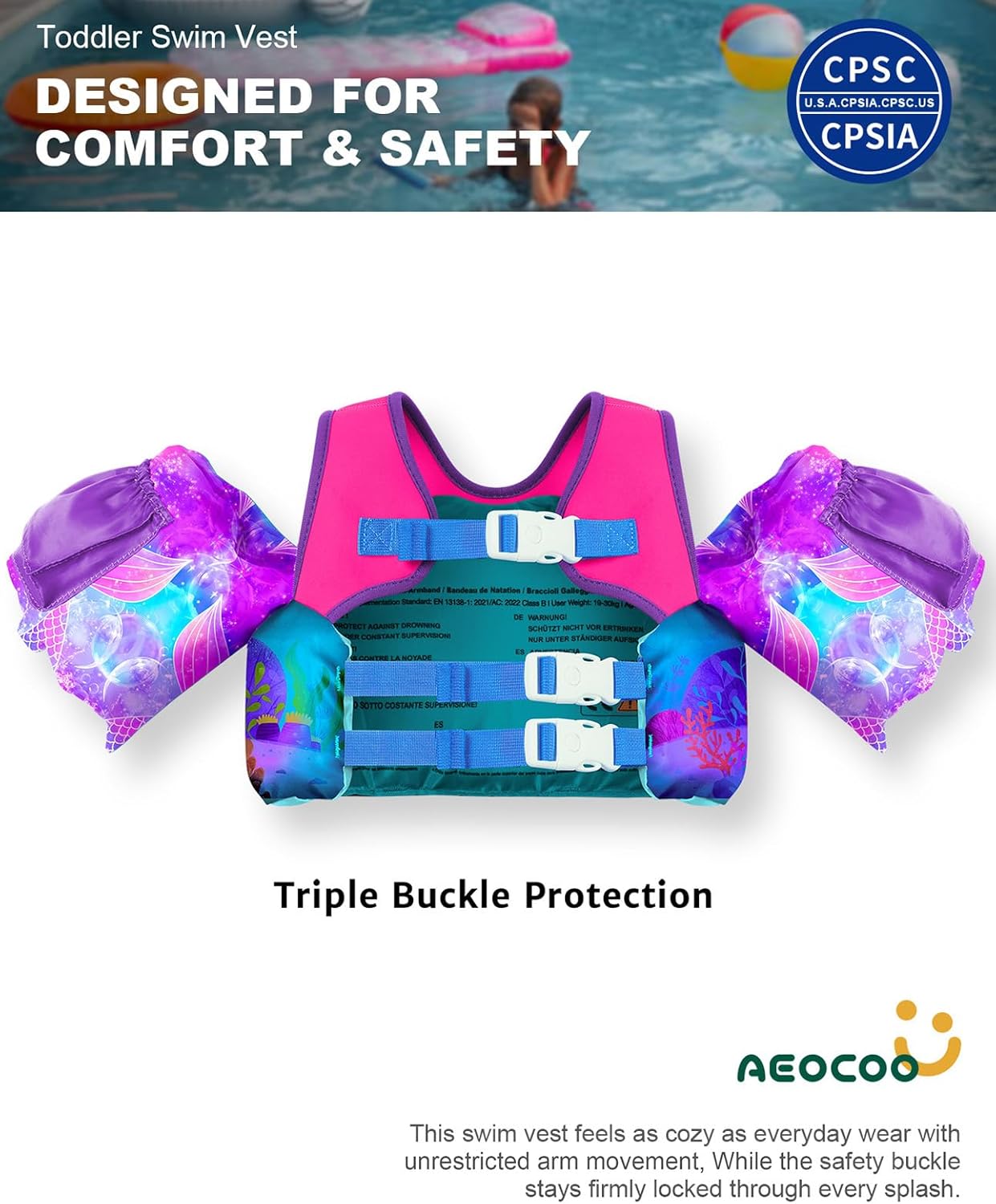 Thumbnail 2 de AEOCOO Puddle Float Jumper Toddler Swim Vest (20–30–50–60–70 lb) with Floaty Sleeves & Water Wings