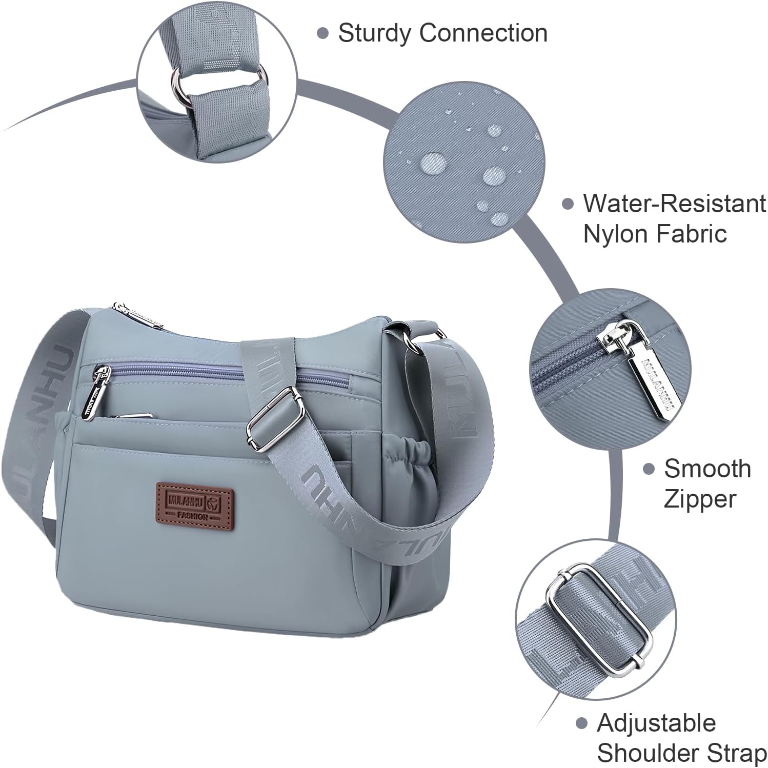 Detalle de LassZone Women's Multi-Pocket Casual Crossbody Bag – Water-Resistant Nylon, Adjustable Strap