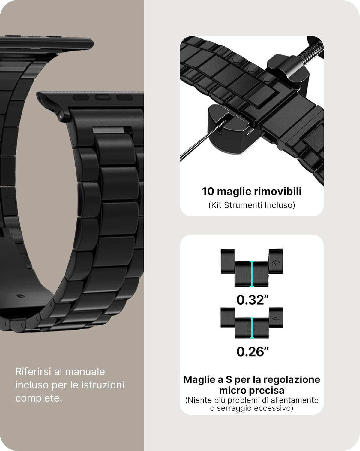 Detalle de Fullmosa cinturino in acciaio inox per Apple Watch 40/41/42/44/45/46/49 mm, nero – compatibile con Ultra/SE/Serie