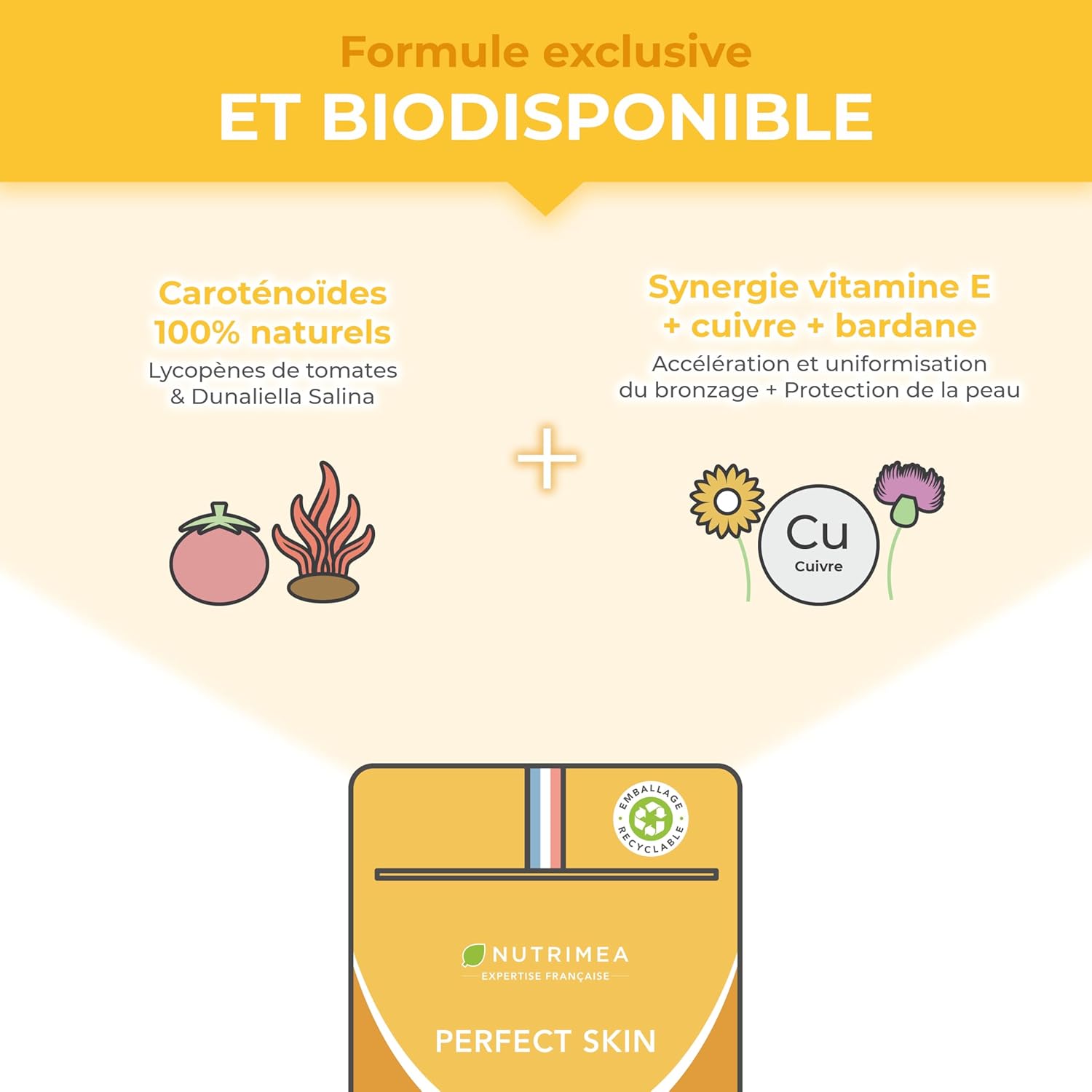 Detalle de Nutrimea PERFECT SKIN – Préparateur et accélérateur de bronzage, 60 gélules vegan (β-carotène & bardane)