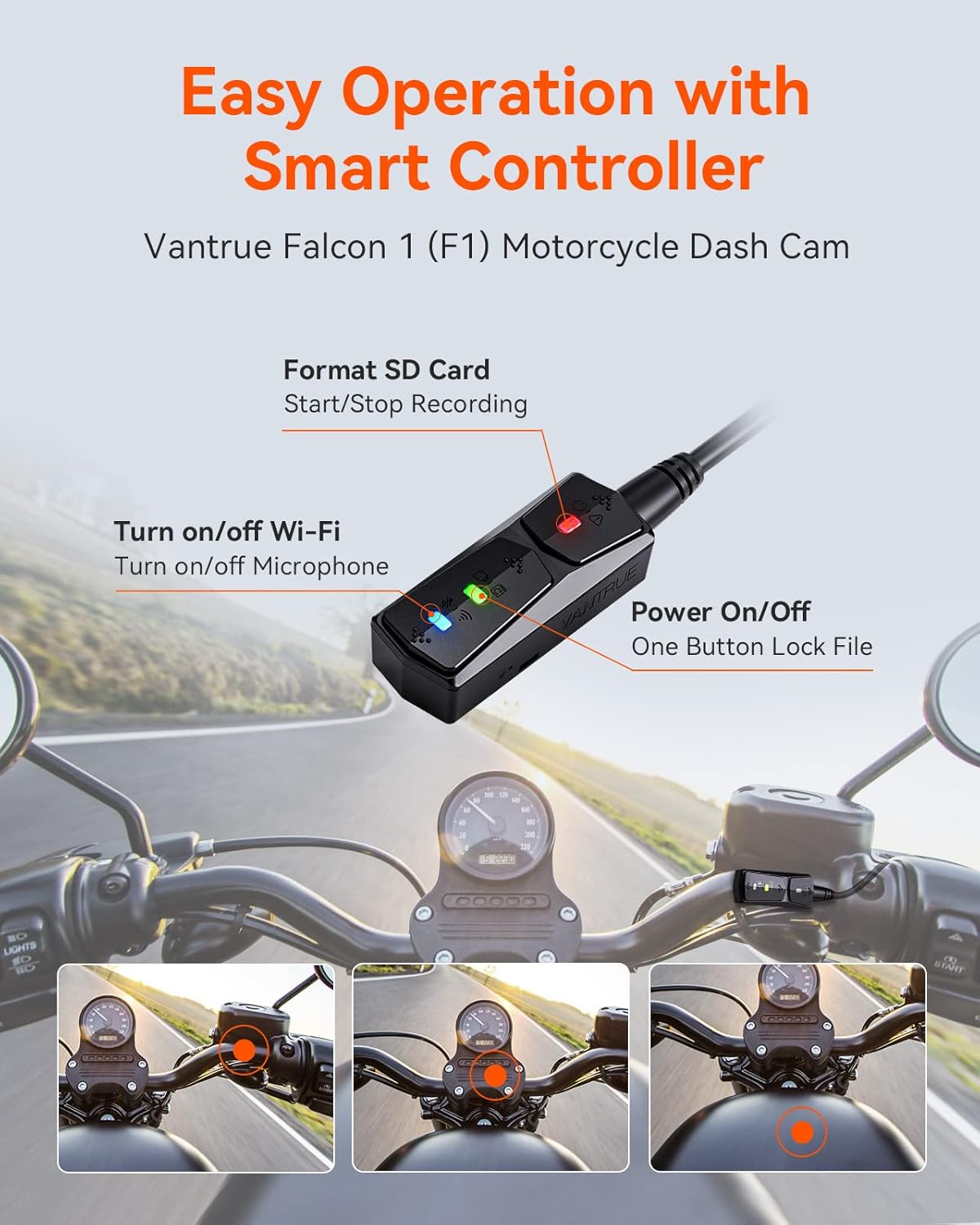 Thumbnail 6 de VANTRUE F1 Motorcycle Camera (4K front + 1080P rear, 5GHz WiFi, GPS, HDR/WDR, IP67, 24H parking mode)