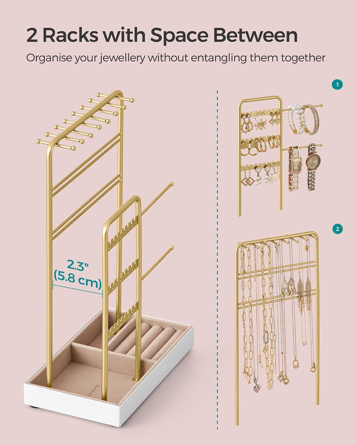 Thumbnail 2 de SONGMICS JJS021A01 Jewellery Stand – metal frame velvet tray organiser for earrings, bracelets and long necklaces