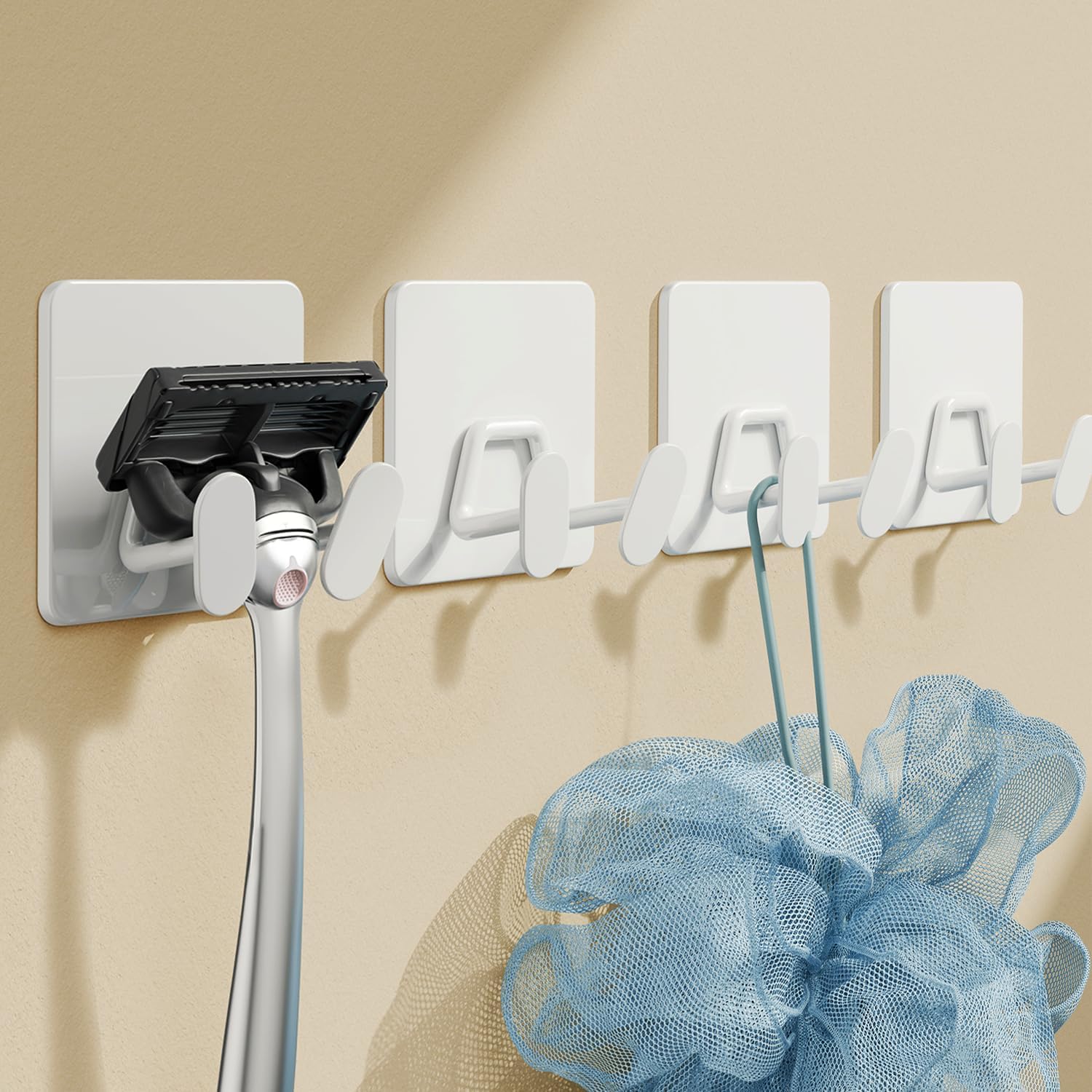 Detalle de susswiff Adhesive Shower Hooks, White 4-Pack, Double-Hook Stainless Steel