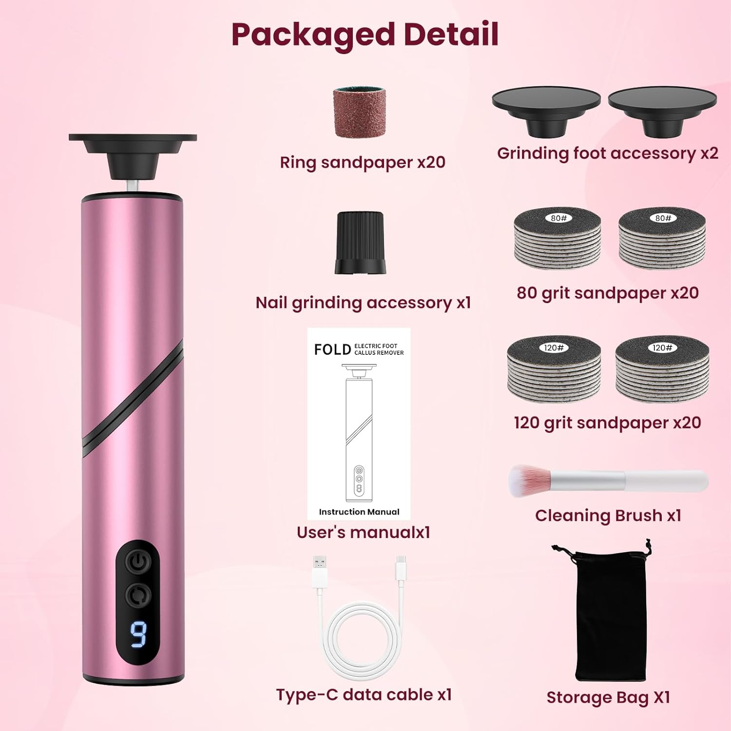 Thumbnail 5 de PKBD pedicure elettrico 2-in-1 ricaricabile con display LCD, 9 velocità (rosa)