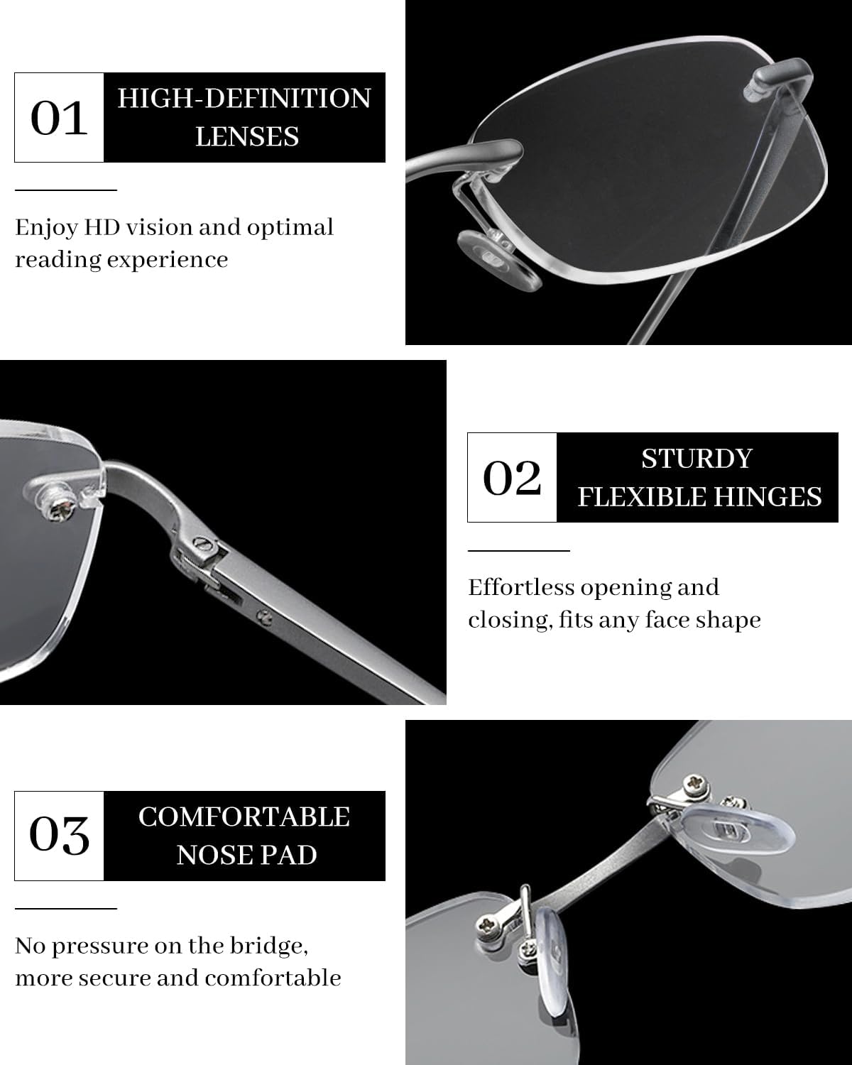 Detalle de LUFF Lunettes de lecture sans monture rétro métal à charnière ressort