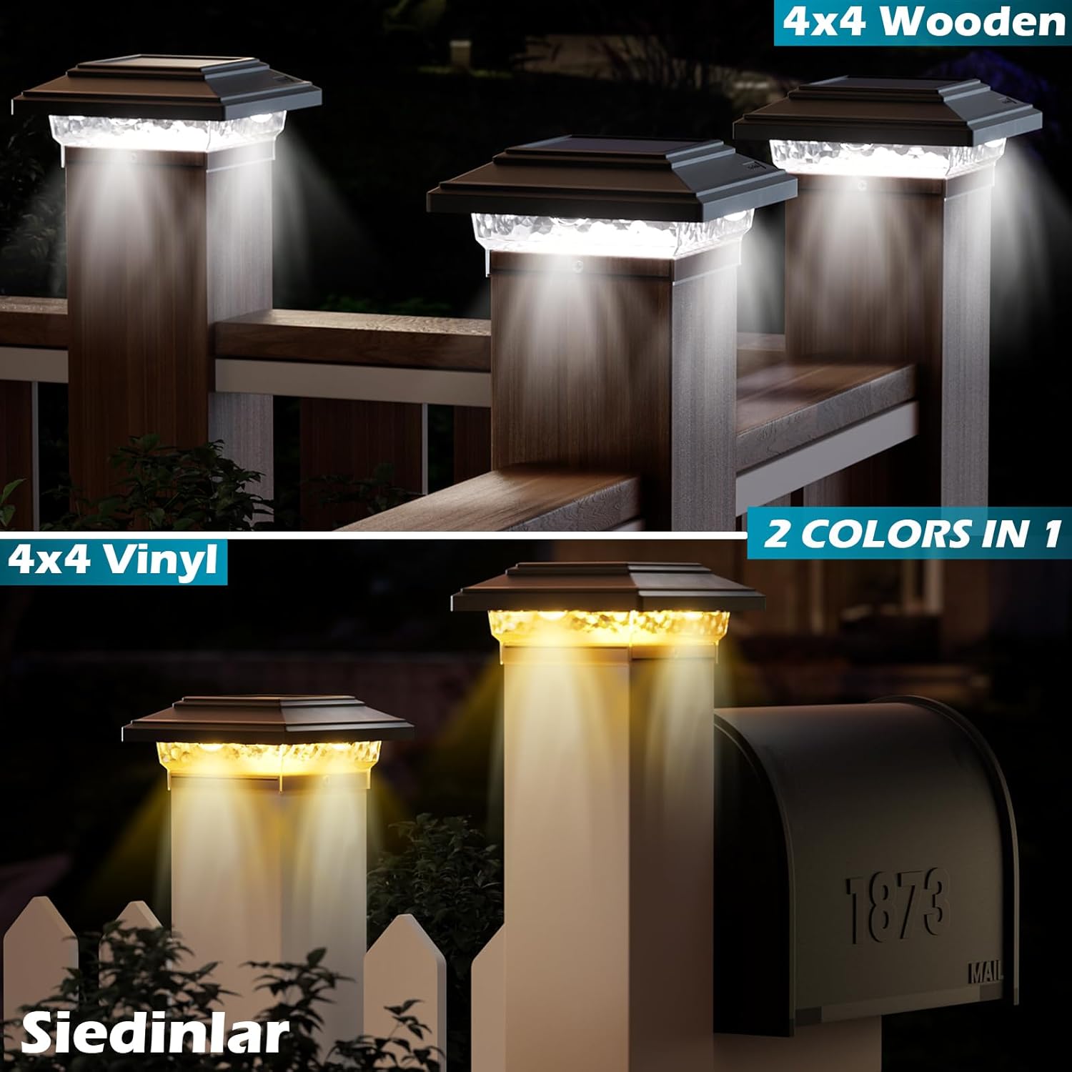Detalle de Siedinlar Solar Post Lights Outdoor: IP44 Waterproof, 2 Colour Modes, 2 Pack
