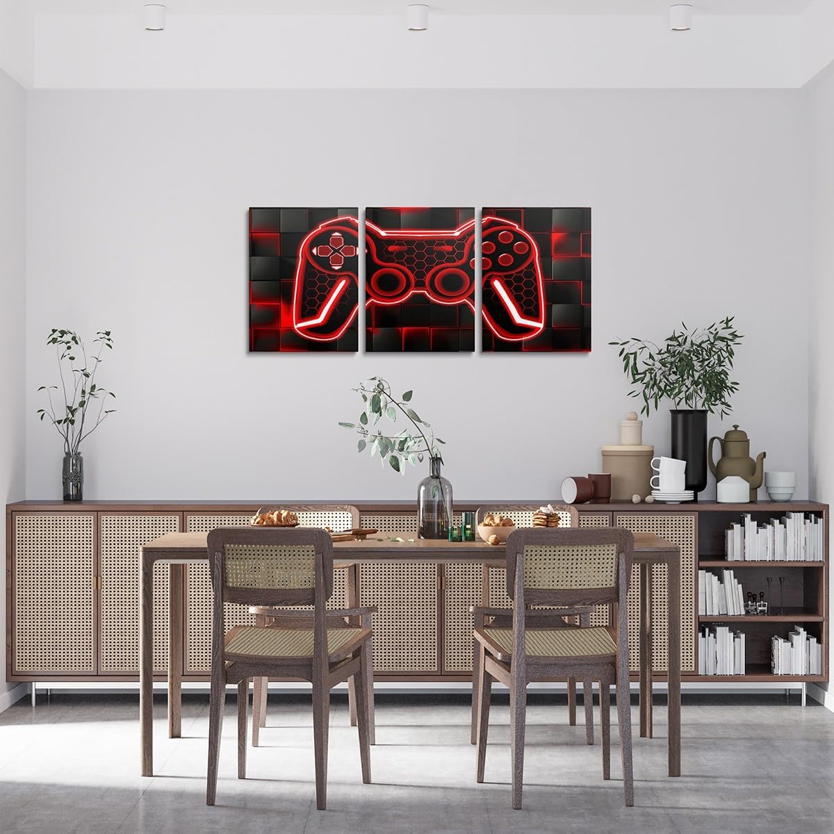 Detalle de Loussiesd Gamer 3er Poster Set – Wohnzimmer Rot & Schwarz, Geometrische Leinwandbilder (3× 30x40 cm)