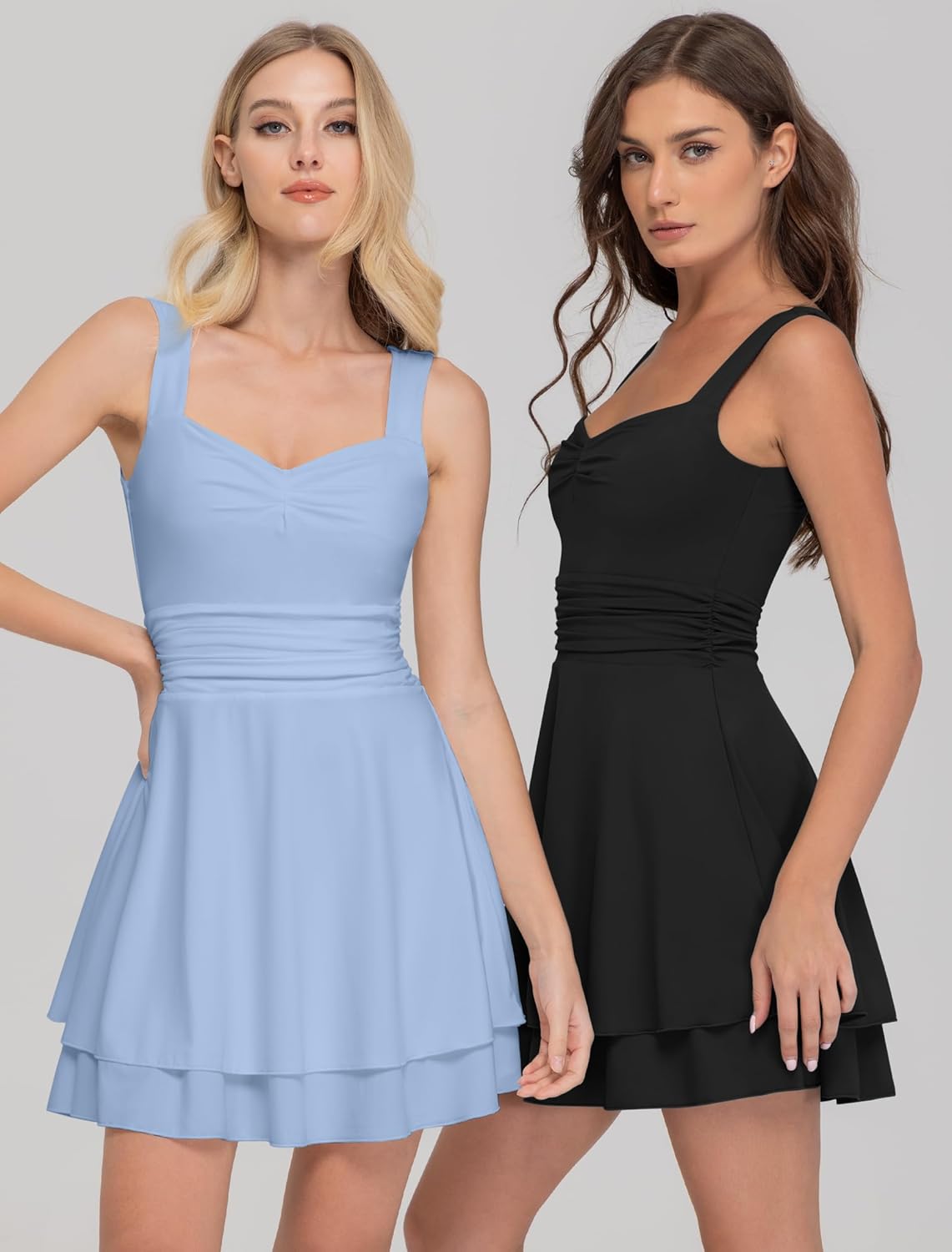 Thumbnail 4 de IWD Women's Square Neck Sleeveless Mini Dress with Ruched Waist and Tiered Hem